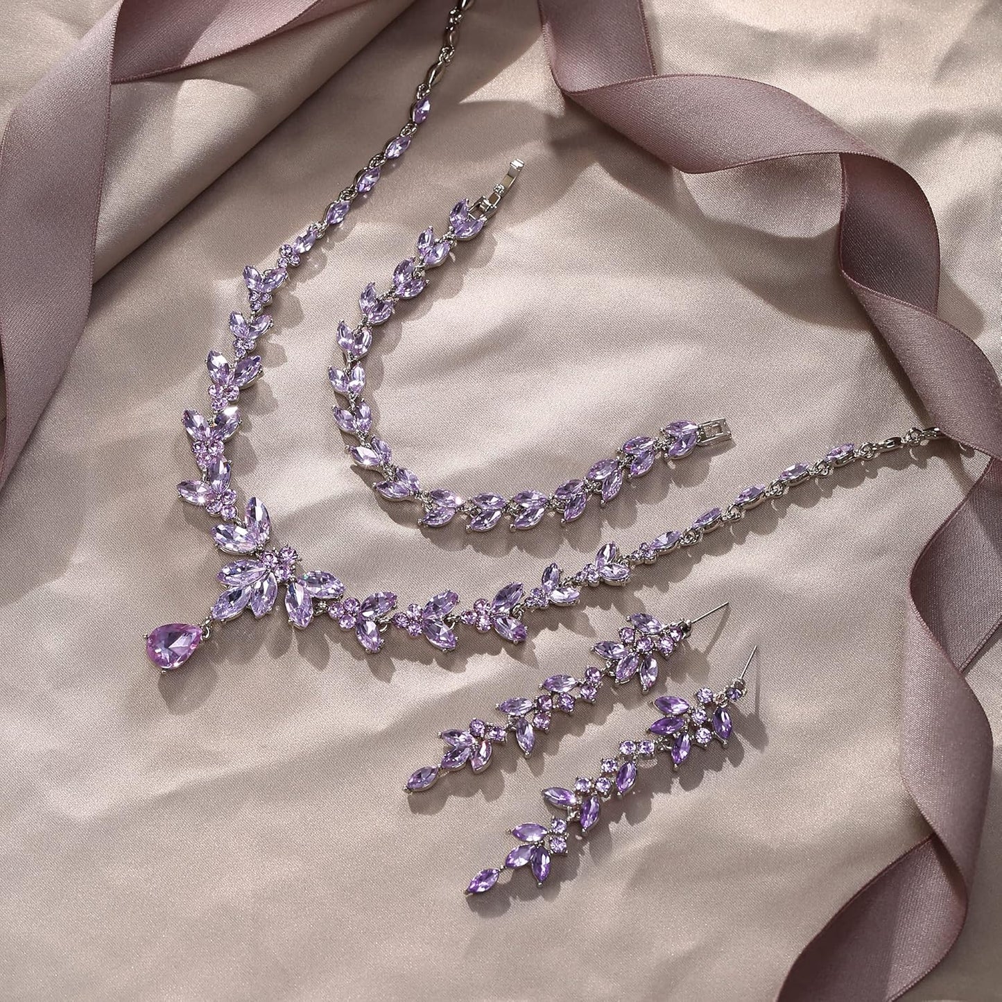 EVER FAITH Austrian Crystal Bridal Bridesmaid Jewelry Sets, Elegant Marquise Rhinestone Leaf Necklace Dangle Earrings Tennis Bracelet Set for Women