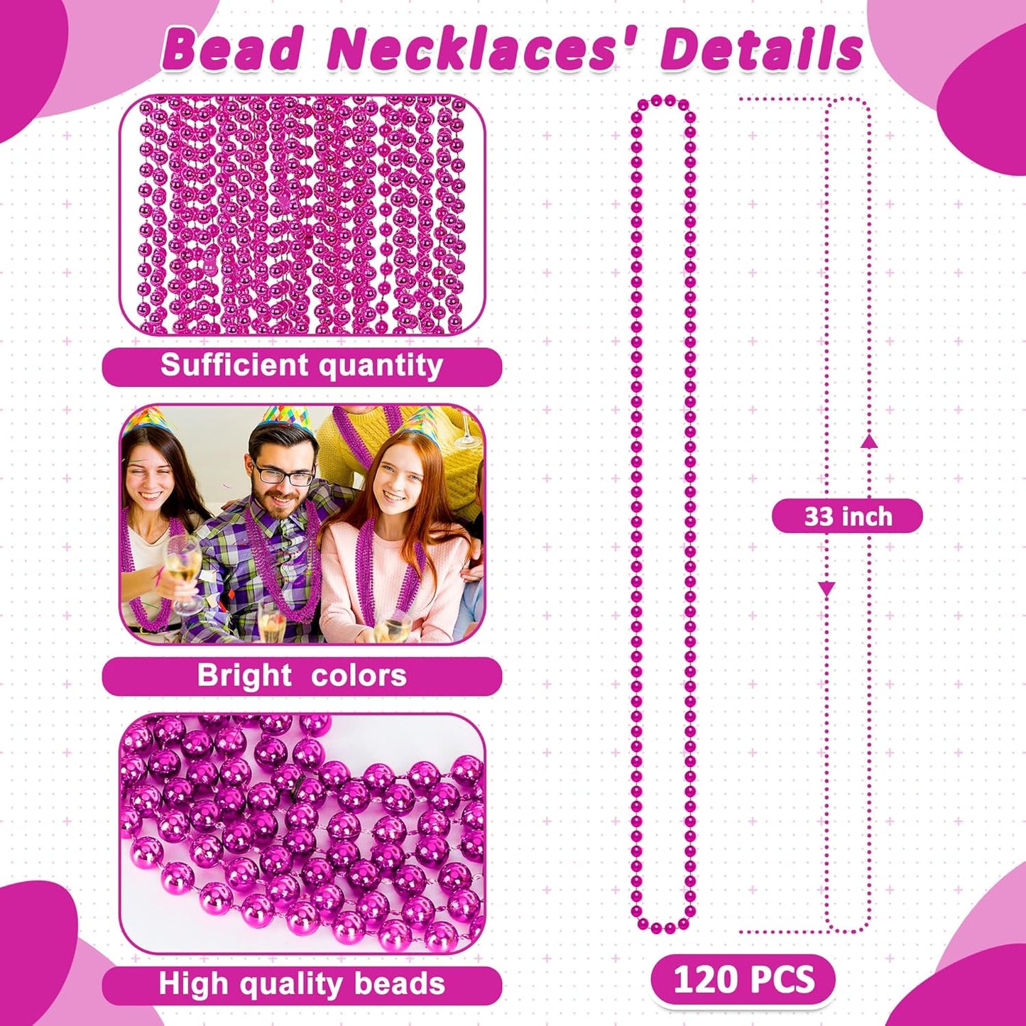 120PCS Mardi Gras Beads, 33 IN Bead Necklace, Rosered Mardi Gras Accessories, Party Costume Beads Parade Throws Bulk for Christmas Baby Shower Pirate Party Favors Supplies Decor