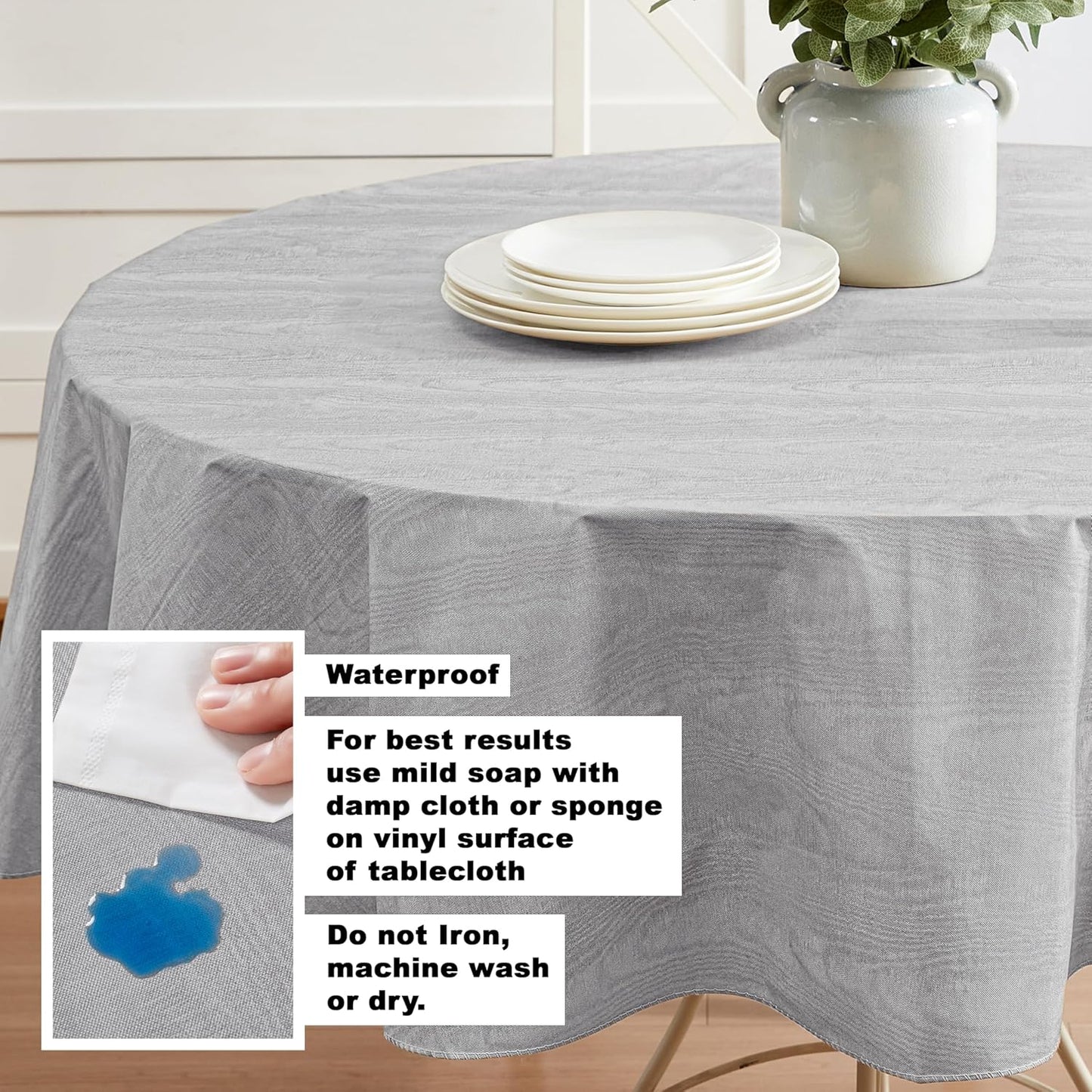 Newbridge Vinyl Flannel Backed Tablecloth, 70 inch Round, Grey Moire Wavy Solid Design, Heavyweight Indoor Outdoor Waterproof Table Cover, Easy Care Wipe Clean