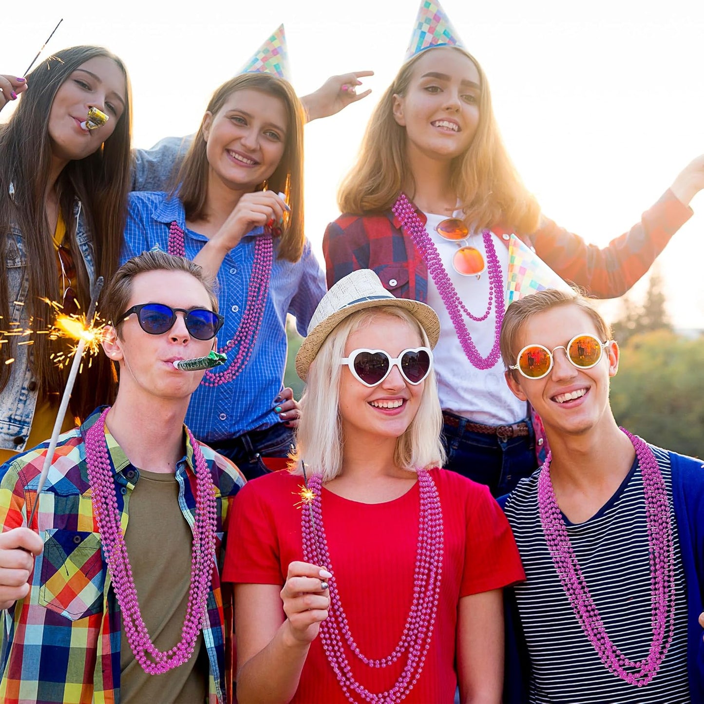 30PCS Bead Necklace, 33" Breast Cancer Awareness Accessories Bead Necklaces Bulk, Mardi Gras Beads Necklace, Festival Parade Throw Accessories for Wedding Birthday Gender Reveal Party Events Supplies