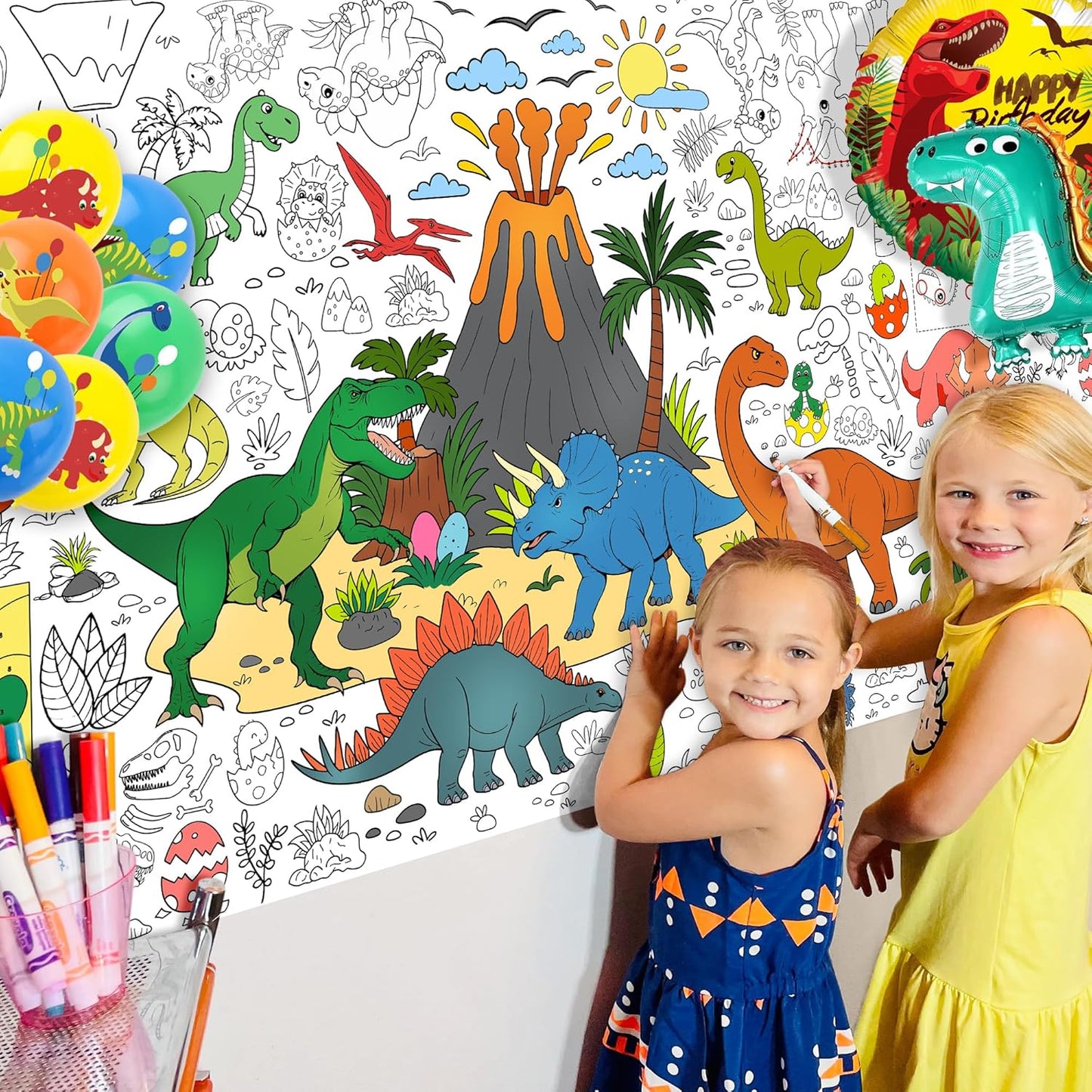 Dinosaur Coloring Tablecloth for Kids, Jumbo 30x72 Inch Poster with Dinosaurs, Volcanoes, Perfect for Boy Birthday Party Games, Decorations, Classroom Activities, Celebration Supplies