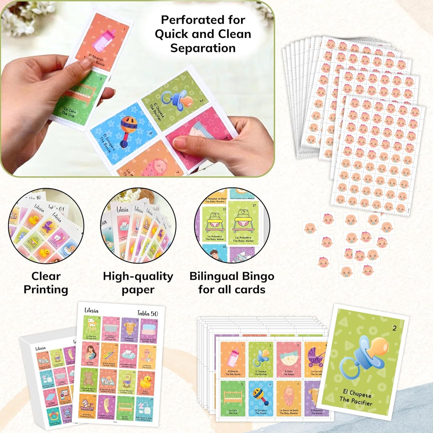Baby Shower Loteria Bilingual - Baby Loteria For Babies Shower Games Spanish And English, Funny Party Bingo Game For 50 Players