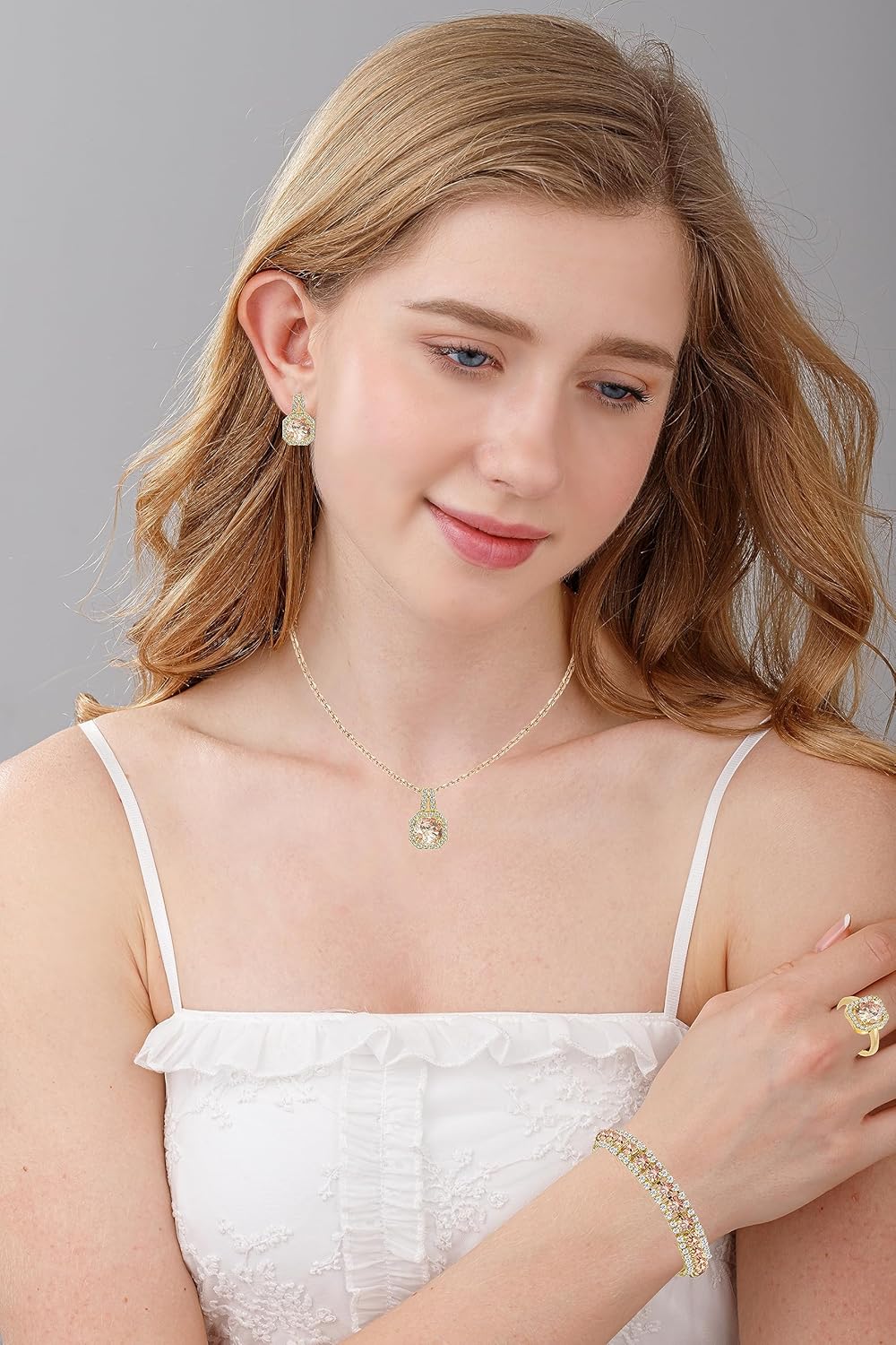 4pcs Cubic Zirconia Wedding Jewelry Sets for Bride Bridesmaid Cubic Zirconia Pendant Necklace Earrings Link Tennis Bracelet Open Ring Set for Women