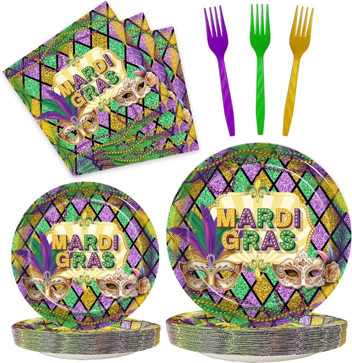 96 Pcs Mardi Gras Party Supplies Masquerade Mask Paper Plates Napkins Set Disposable Dinnerware Tableware for New Orleans Party, Serves 24