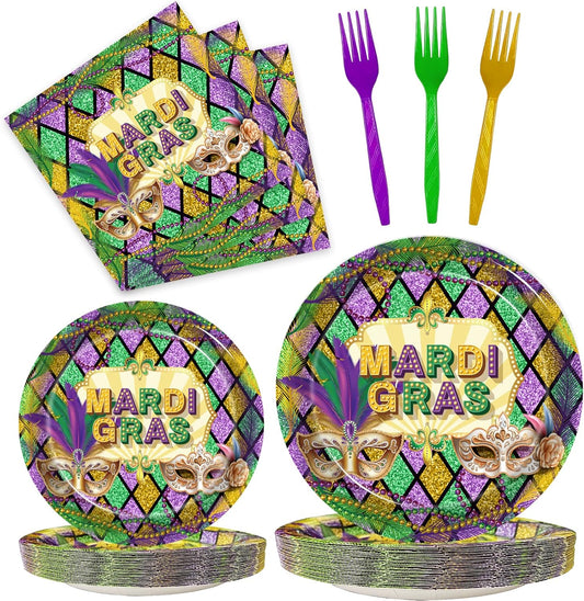 96 Pcs Mardi Gras Party Supplies Masquerade Mask Paper Plates Napkins Set Disposable Dinnerware Tableware for New Orleans Party, Serves 24
