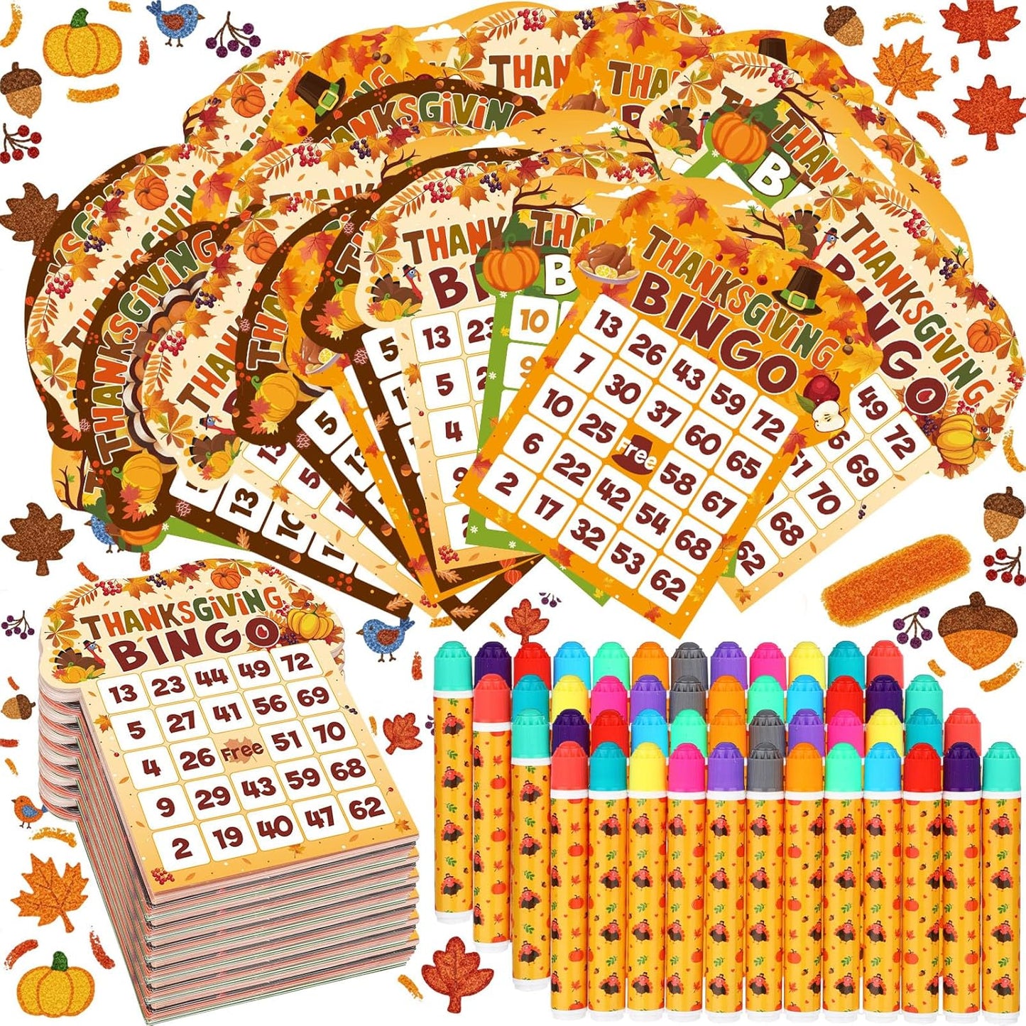 Eersida 192 Pack Thanksgiving Bingo Game Cards and 0.4 oz Dot Daubers Set Includes 144 Bingo Cards and 48 Dot Markers Game Supplies Set for Thanksgiving Gifts Party Favor Supplies Family Casino Night