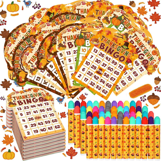 Eersida 192 Pack Thanksgiving Bingo Game Cards and 0.4 oz Dot Daubers Set Includes 144 Bingo Cards and 48 Dot Markers Game Supplies Set for Thanksgiving Gifts Party Favor Supplies Family Casino Night
