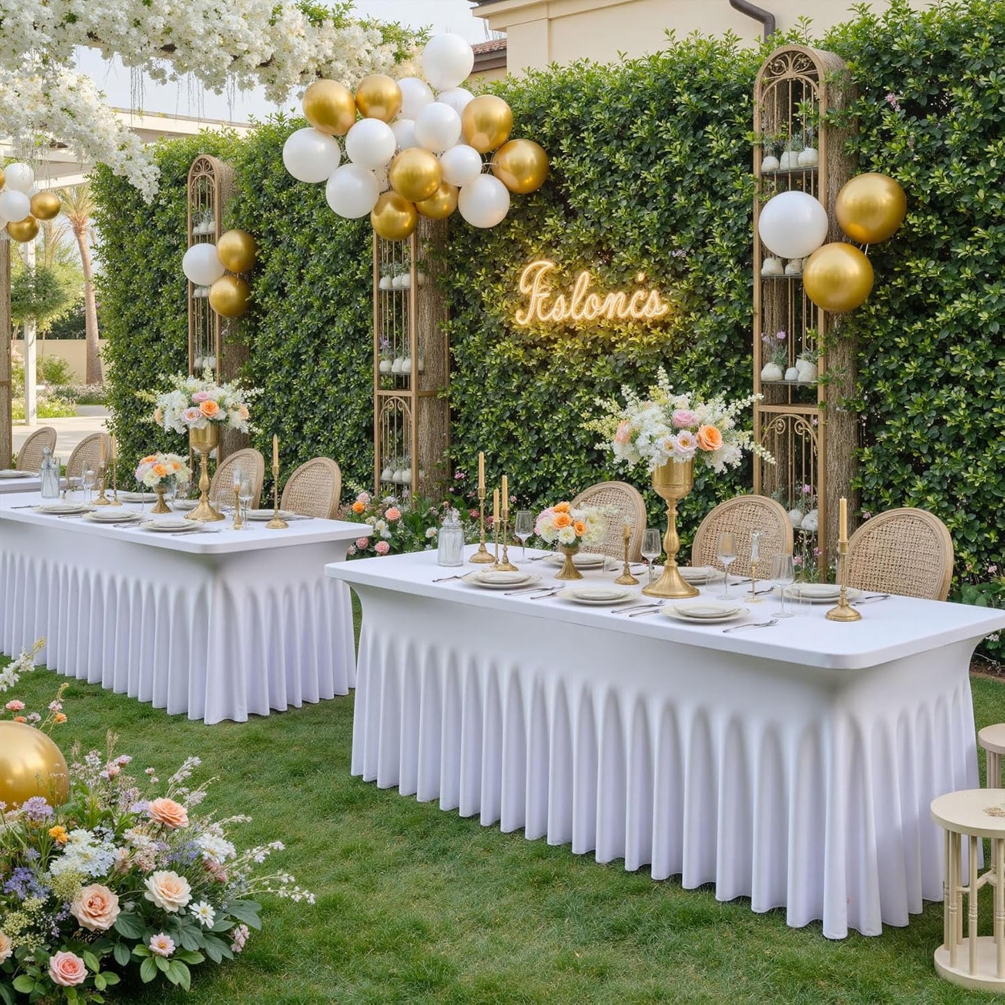 4 Pack White Spandex Tablecloth for 5 Foot Rectangle Tables, Wrinkle Free Fitted Table Clothes Cover 5ft Stretchy Tablecloths with Skirt for Parties Weddings Birthday Banquet Baby Shower