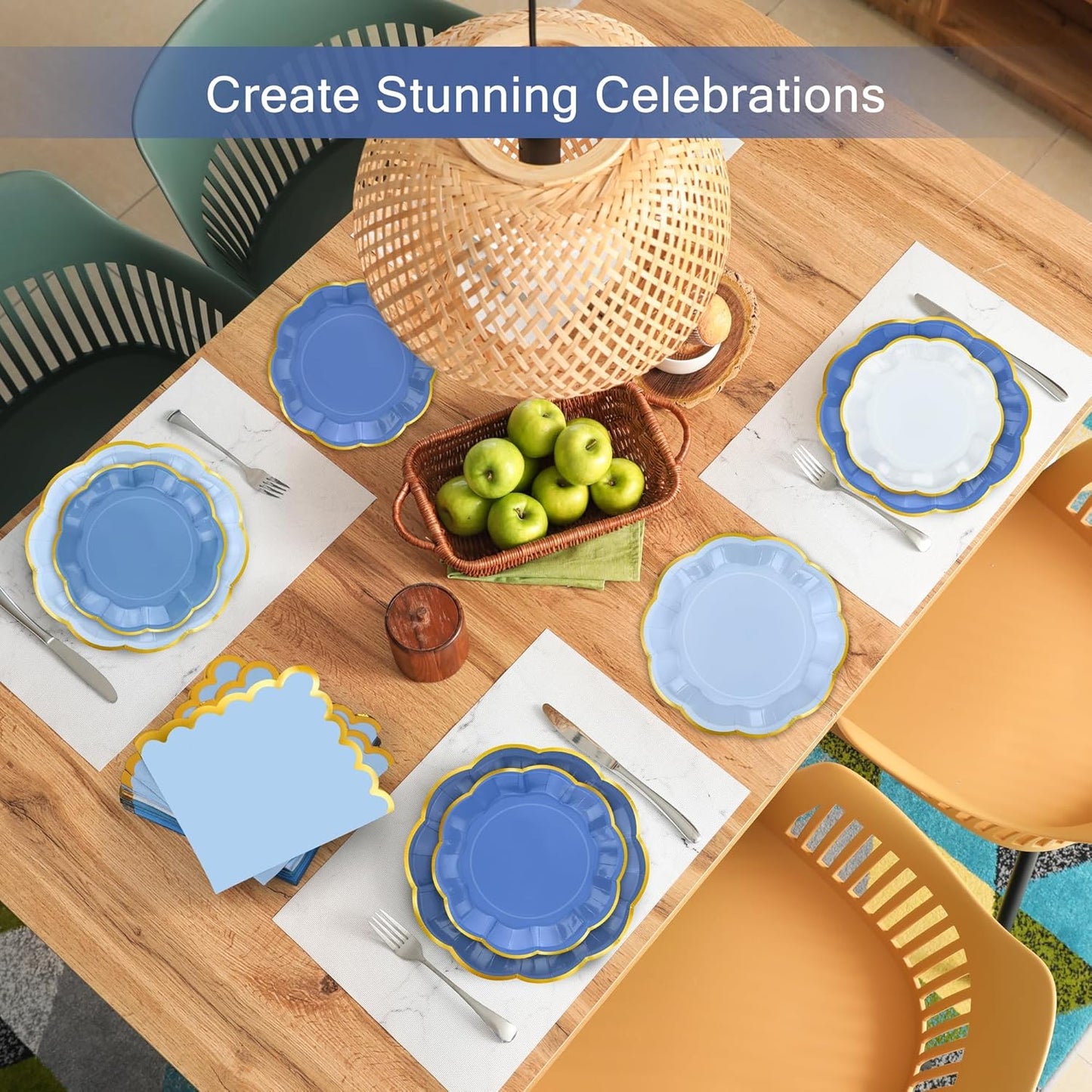 100 Pcs Dusty Blue Paper Plates and Napkins Gold Foil Scalloped Paper Plates & Napkins Disposable Tableware Set for Birthday Wedding Baby Shower Party Decorations