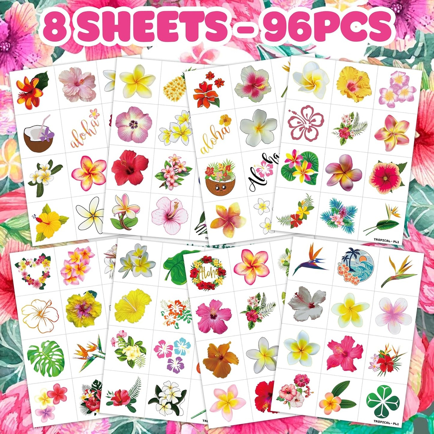 96 PCS Tropical Flower Hawaiian Pre-Cut Temporary Themed Birthday Favors Supplies Décor Cute Luau Gifts For Game Boys Girls Classroom School (Normal)
