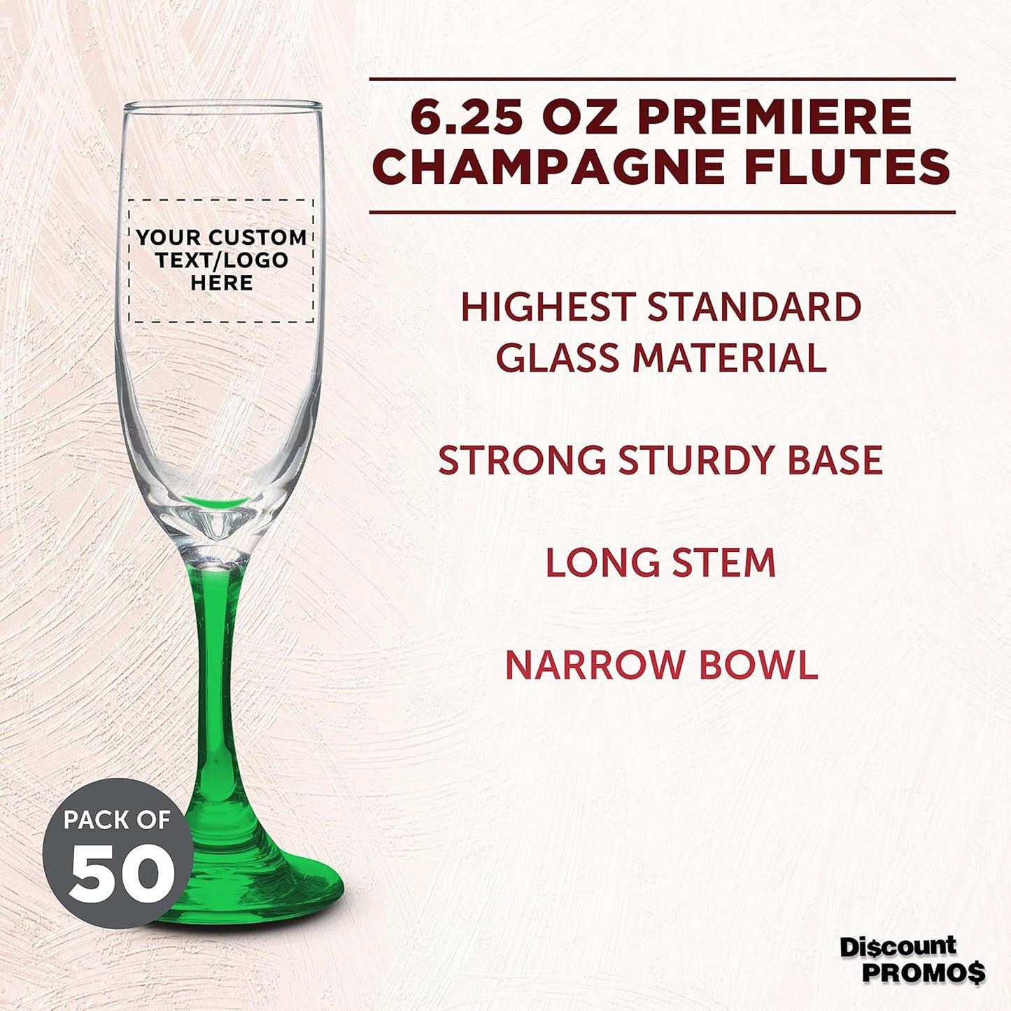 DISCOUNT PROMOS Custom Premiere Champagne Flutes 6.25 oz. Set of 50, Personalized Bulk Pack - Elegant Drinkware for Weddings, Events, & Promotional Gifts - Green