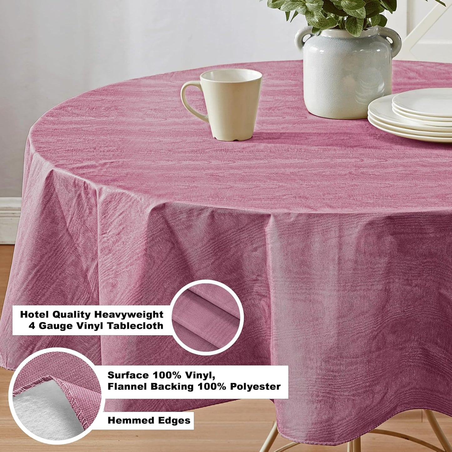 Newbridge Vinyl Flannel Backed Tablecloth, 70 inch Round, Burgundy Moire Wavy Solid Design, Heavyweight Indoor Outdoor Waterproof Table Cover, Easy Care Wipe Clean