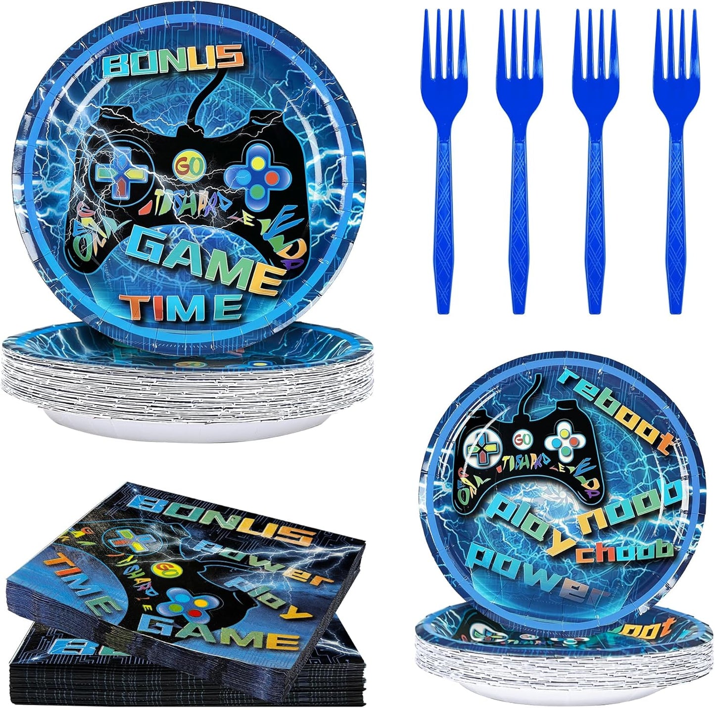 Video Game Party Supplies 120 Pcs Set - Plates, Napkins, Forks, Perfect for Boys Birthday, Baby Shower, Serves 30