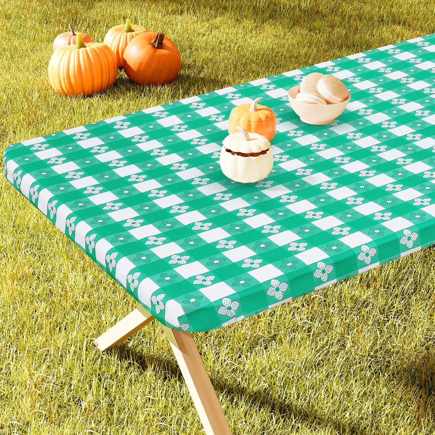 Rectangle Vinyl Table Cloth, Waterproof Elastic Fitted Tablecloth with Flannel Backing, Plastic Table Cover for Picnic, Camping, Outdoor (White & Green, 30"x96")