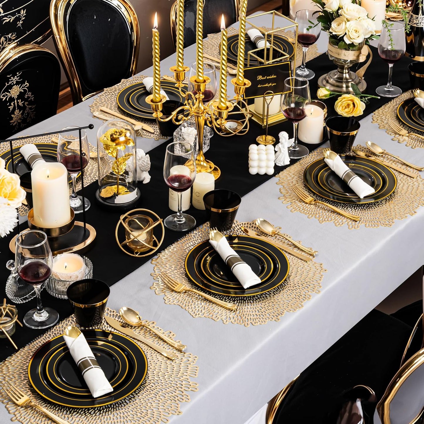 350 Pieces Black and Gold Plastic Plates with Disposable Silverware, Include 50 Dinner Plates 9”, 50 Dessert Plates 6.3”, 50 Black Cups 9 OZ, 50 Pre Rolled Napkins for New Year