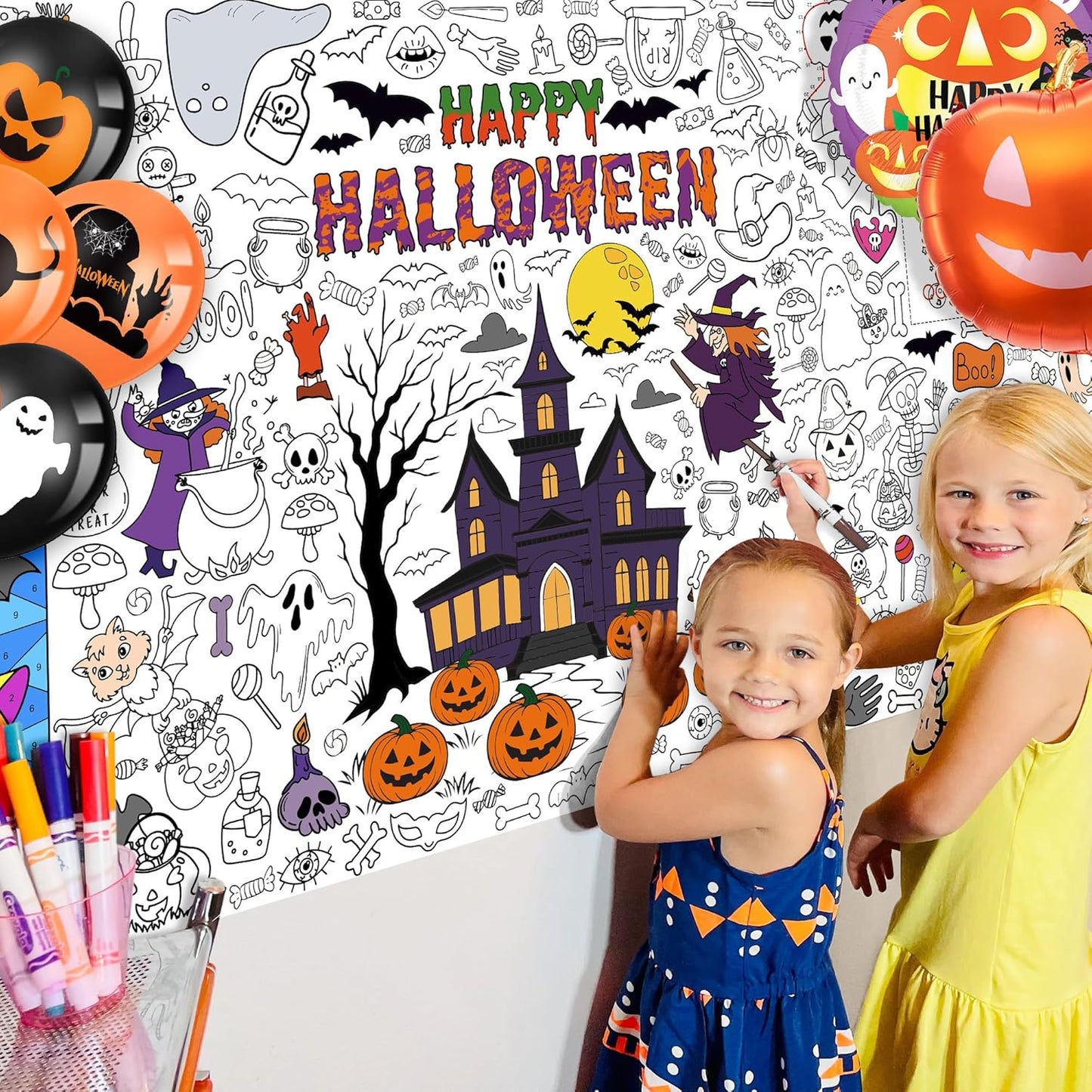 Giant Halloween Coloring Tablecloth for Kids, Large 30x72 Inch Poster with Haunted House, Pumpkins, Ghosts, Bats, Arts Crafts Games Indoor Activities for Halloween Party, Classroom Fun