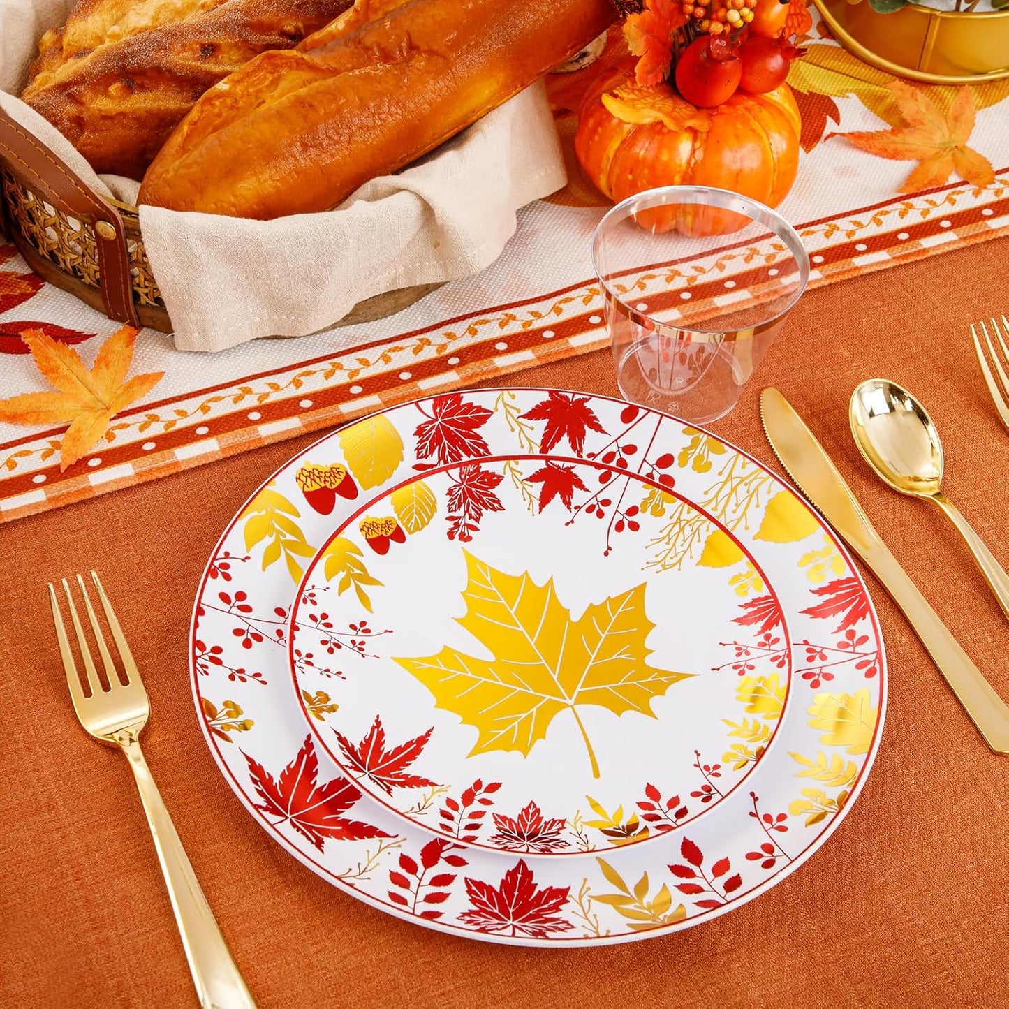 KIRE 150PCS Thanksgiving Plates Dinnerware Maple Leaves - Plastic Thanksgiving Plates with Gold Silverware Include 25Dinner 25Salad 25Forks 25Knives 25Spoons 25Gold Cups