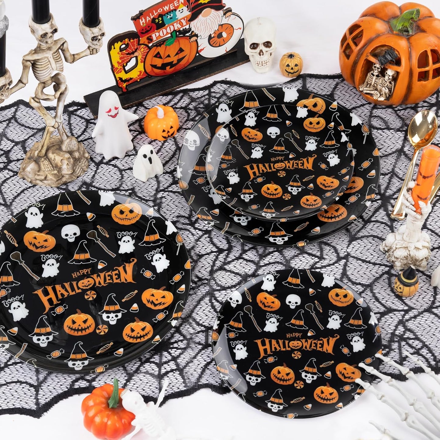I00000 60 Pcs Halloween Plastic Plates Serve 30 Guests Include: 30 Dinner Party Plate, 30 Dessert Plastic Plate Disposable, Halloween Disposable Plates Perfect for Ghost-Themed Parties and Events