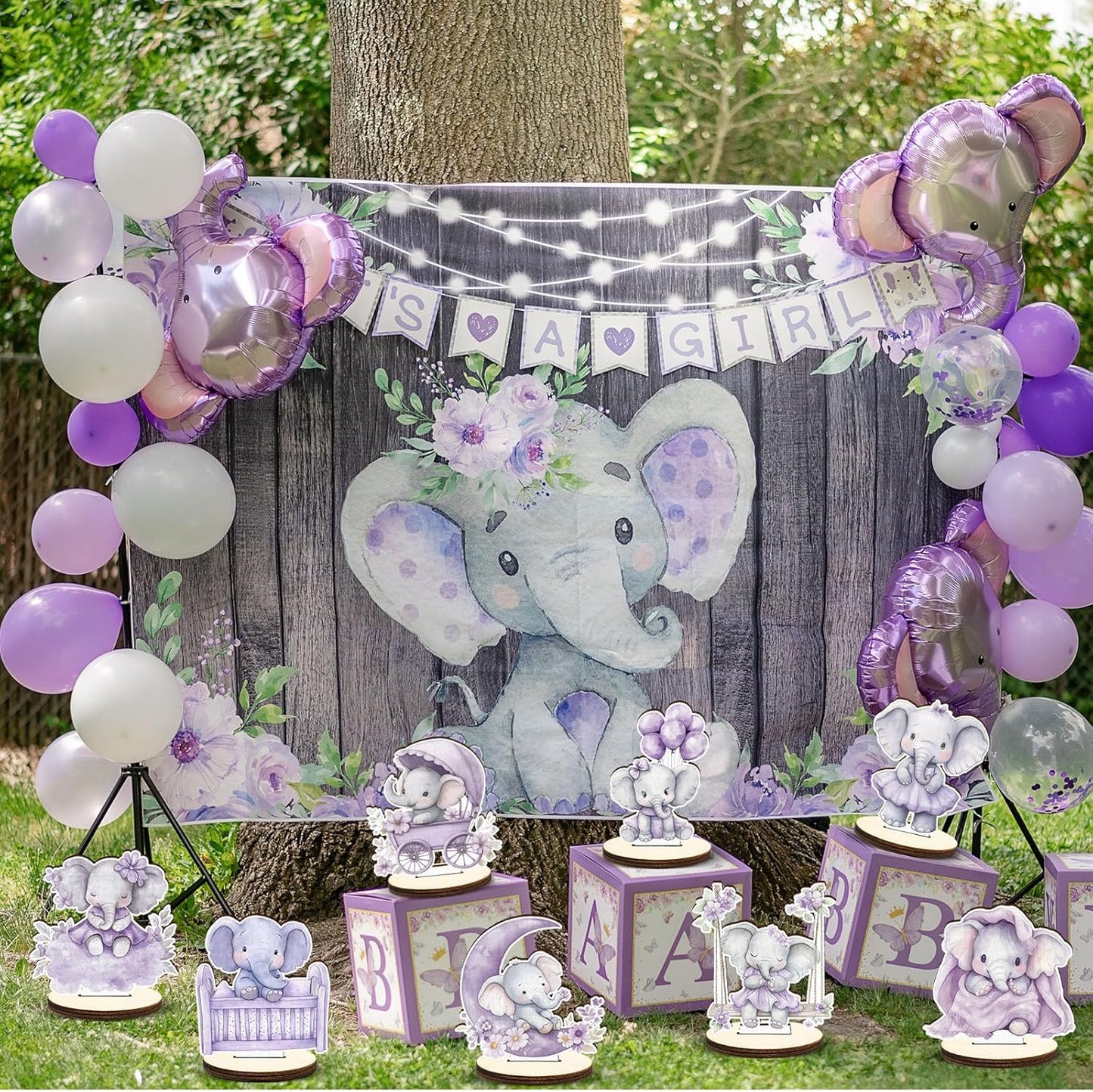 16 Pcs Wooden Baby Shower Table Centerpiece Purple Elephant Tabletop Detachable Sign Boy Or Girl Gender Reveal Table Toppers Display Decoration Elephant Birthday Photo Props Party Favor Supplies