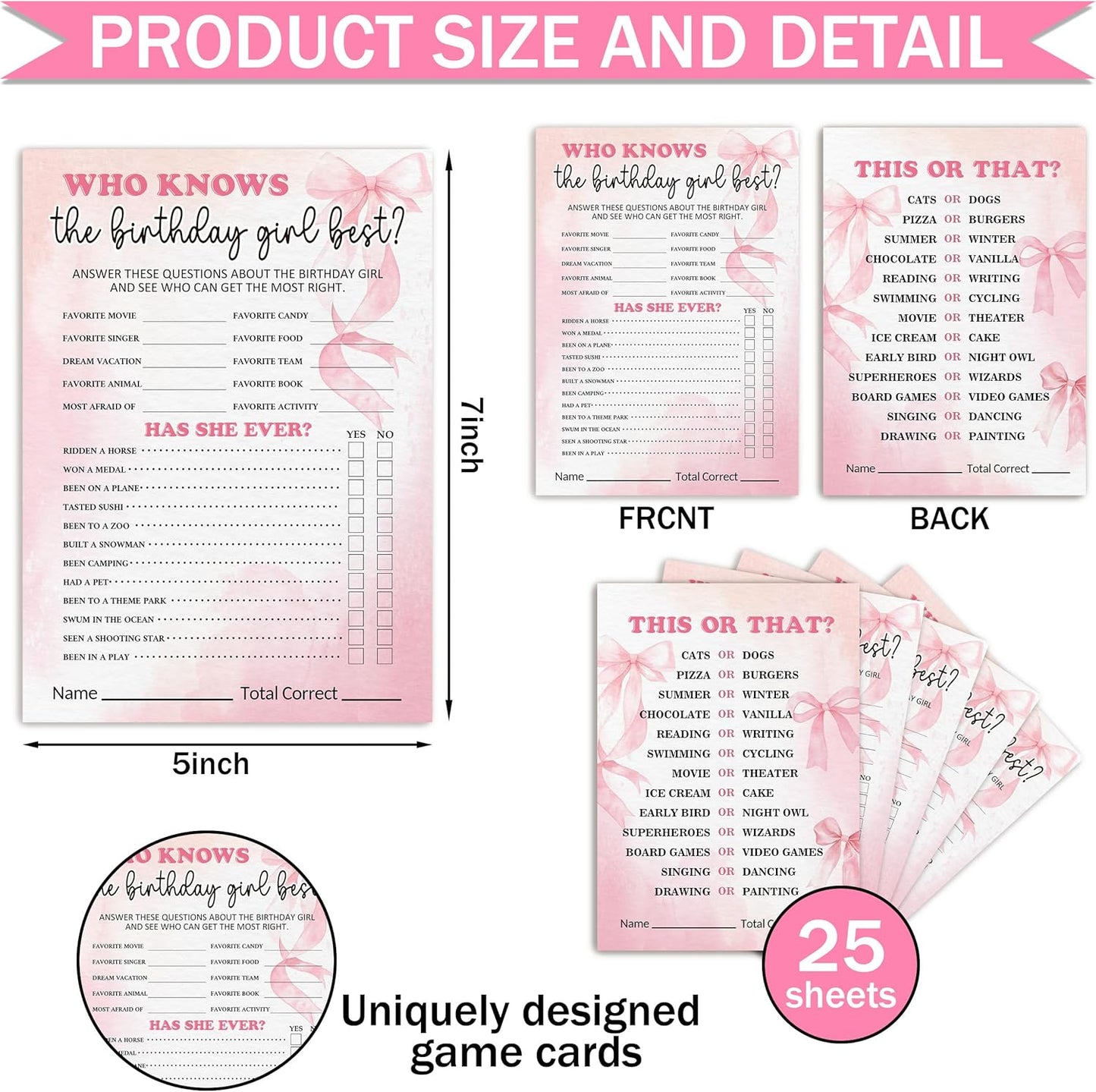 Birthday Party Games Card, Who Knows The Birthday Girl Best, Girls Sleepover Party Supplies for The Girls Card Game, 5x7 Inch Set of 25 Game Cards (Pink, Double-Sided) - A06