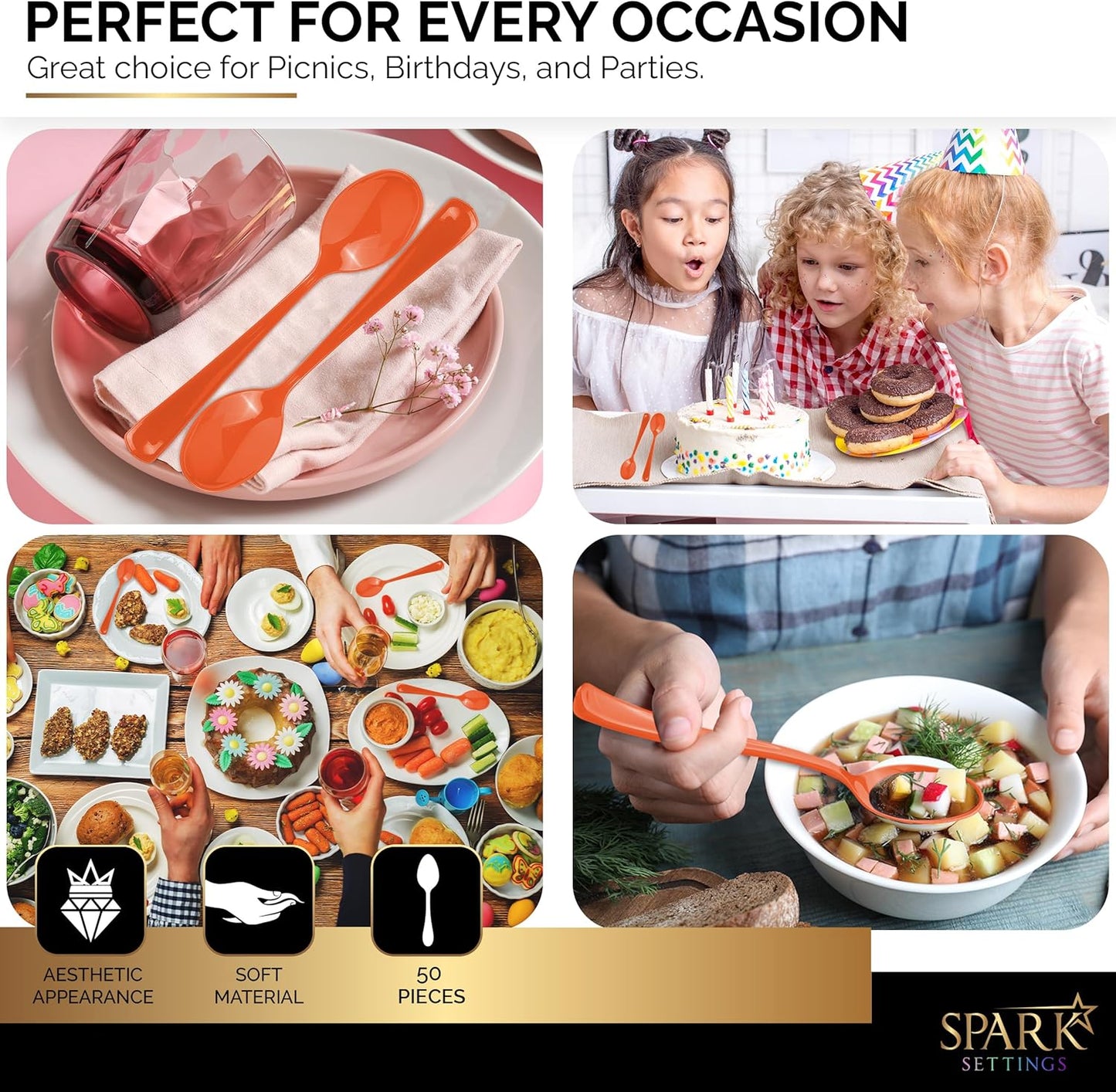 Disposable Orange Plastic Spoons - Heavy Duty, Ideal for Hot & Cold Food, Perfect for Home, Office, School, Parties & Weddings - 50 Pack