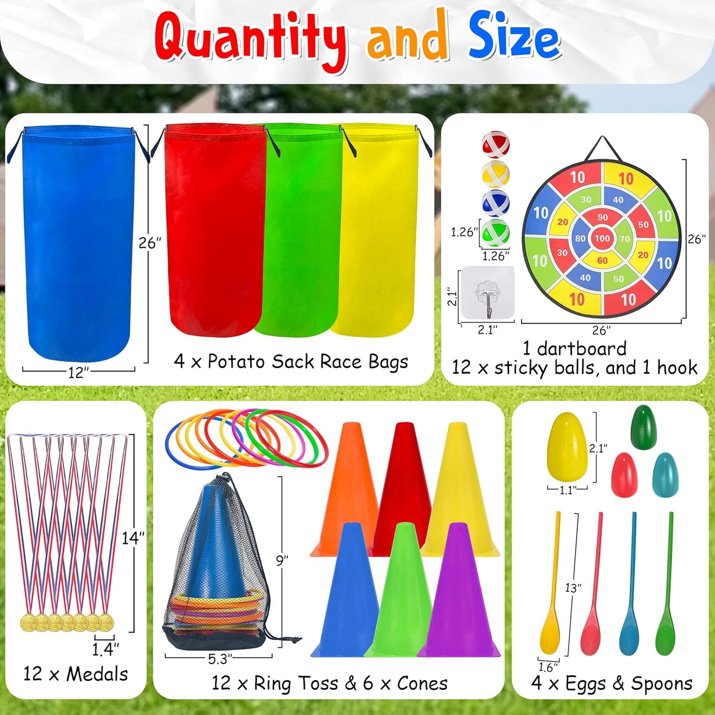 kortes Outdoor Carnival Games for Kids Adults, Lawn Yard Picnic Family Reunion Games with Potato Sack Race Bags, Ring Toss Egg, Dart Board, Cones, Spoon Race and Medal for Birthday Party Field Day