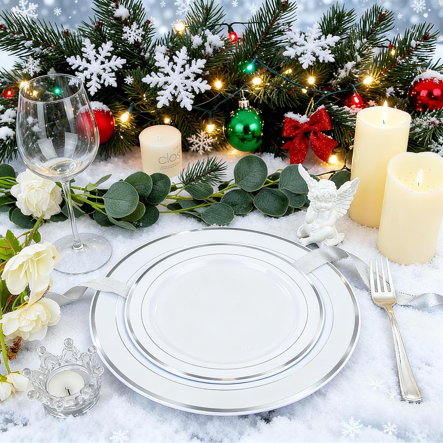 FLOWERCAT 60PCS Silver Plastic Plates - Heavy Duty White and Silver Plastic Plates Disposable - Include 30PCS 10.25inch Dinner Plates and 30PCS 7.5inch Dessert Plates for Wedding&New Year&Christmas