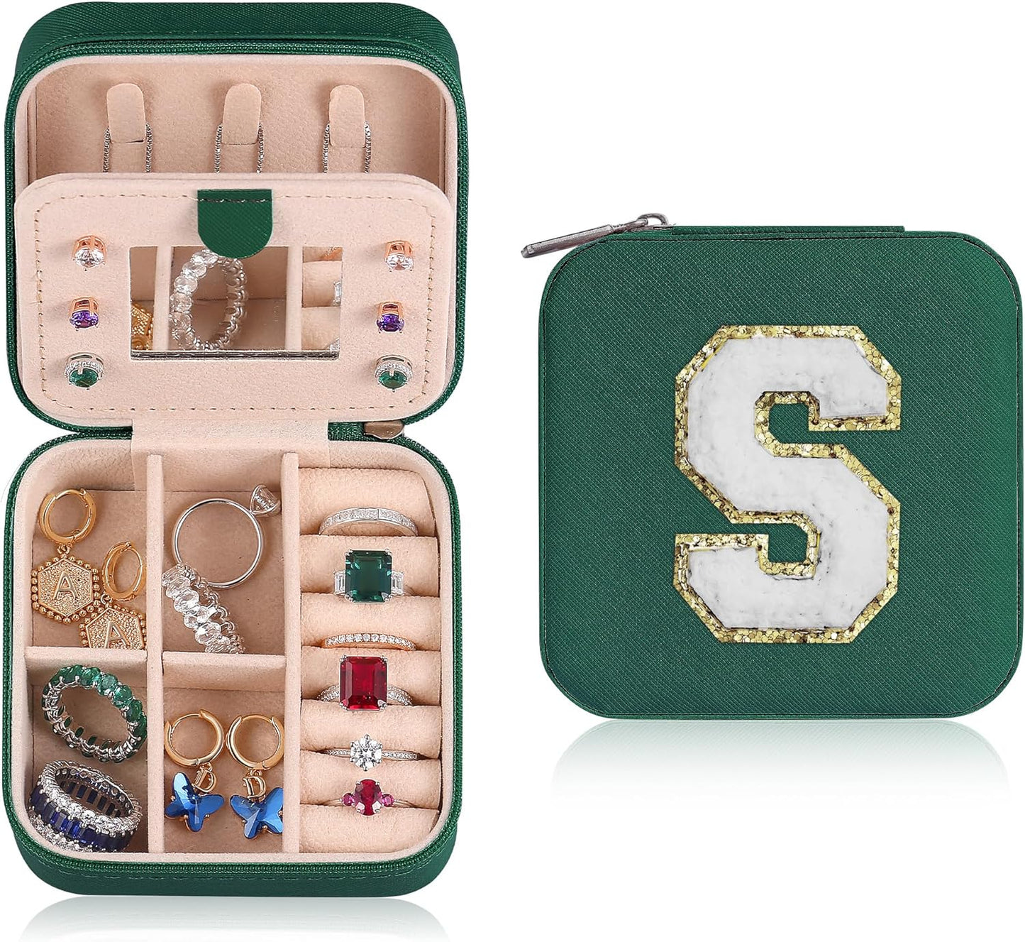 Parima Christmas Stocking Stuffers Bridal Shower Gifts for Women, Bridesmaid Gifts for Women | Wedding Travel Essentials Small Jewelry Box | Travel Jewelry Case - Letter S, Green