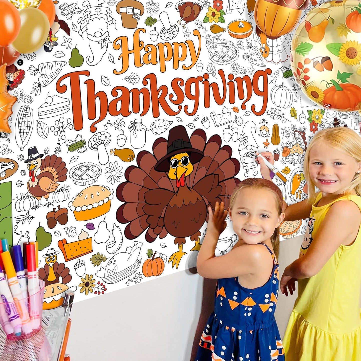 Thanksgiving Coloring Tablecloth for Kids, Giant 30x72 Inch Poster with Turkeys, Pumpkins, Harvest Symbols, Perfect for Party Games, Classroom Activities, Arts Crafts, Indoor Holiday Decor