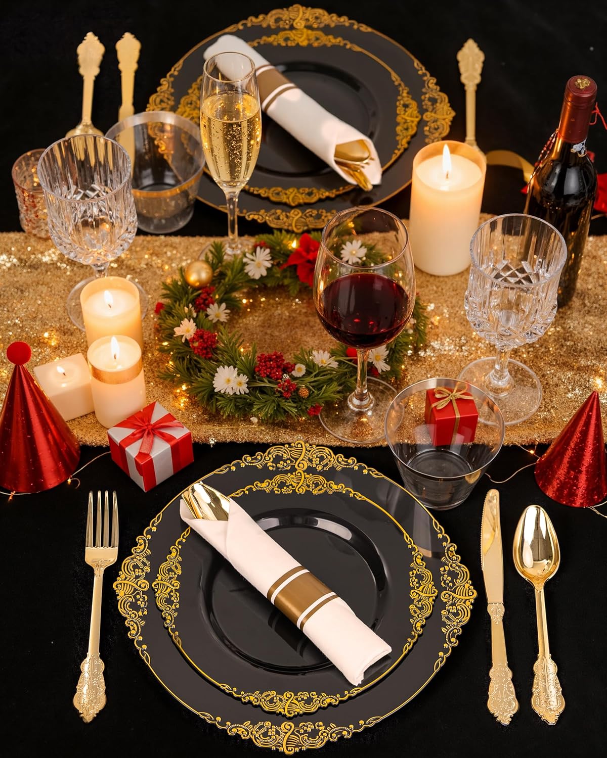 Nervure 350PCS Black Plastic Plates - Black Plastic Dinnerware Sets for 50 Guests - 100 Disposable Plates, 150 Gold Silverware, 50 Cups, 50 Napkins for Wedding & Party & Halloween
