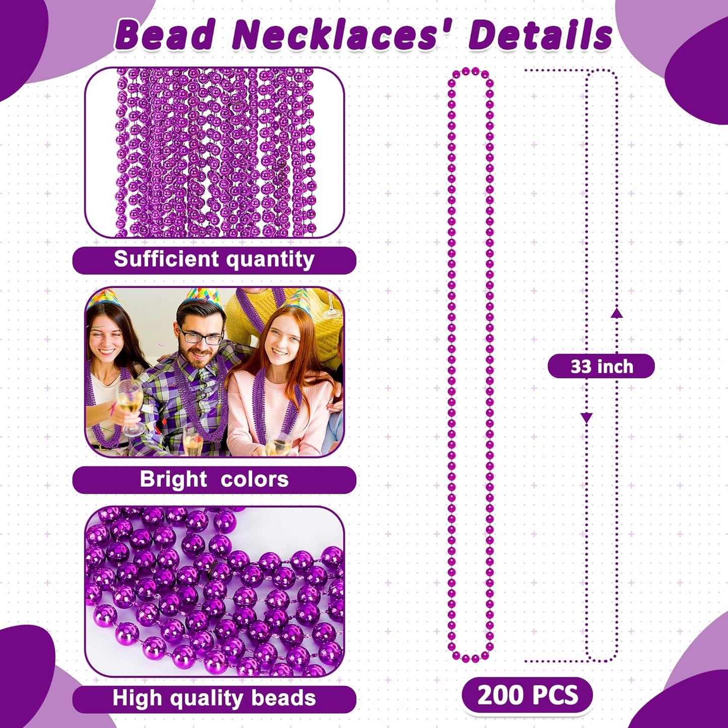 200 Pack Mardi Gras Beads, 33" Purple Bead Necklace, Mardi Gras Costume Accessories Bulk, Parade Throws for Carnival Pirate Christmas Wedding Birthday Baby Shower Party Supplies Favors Decor
