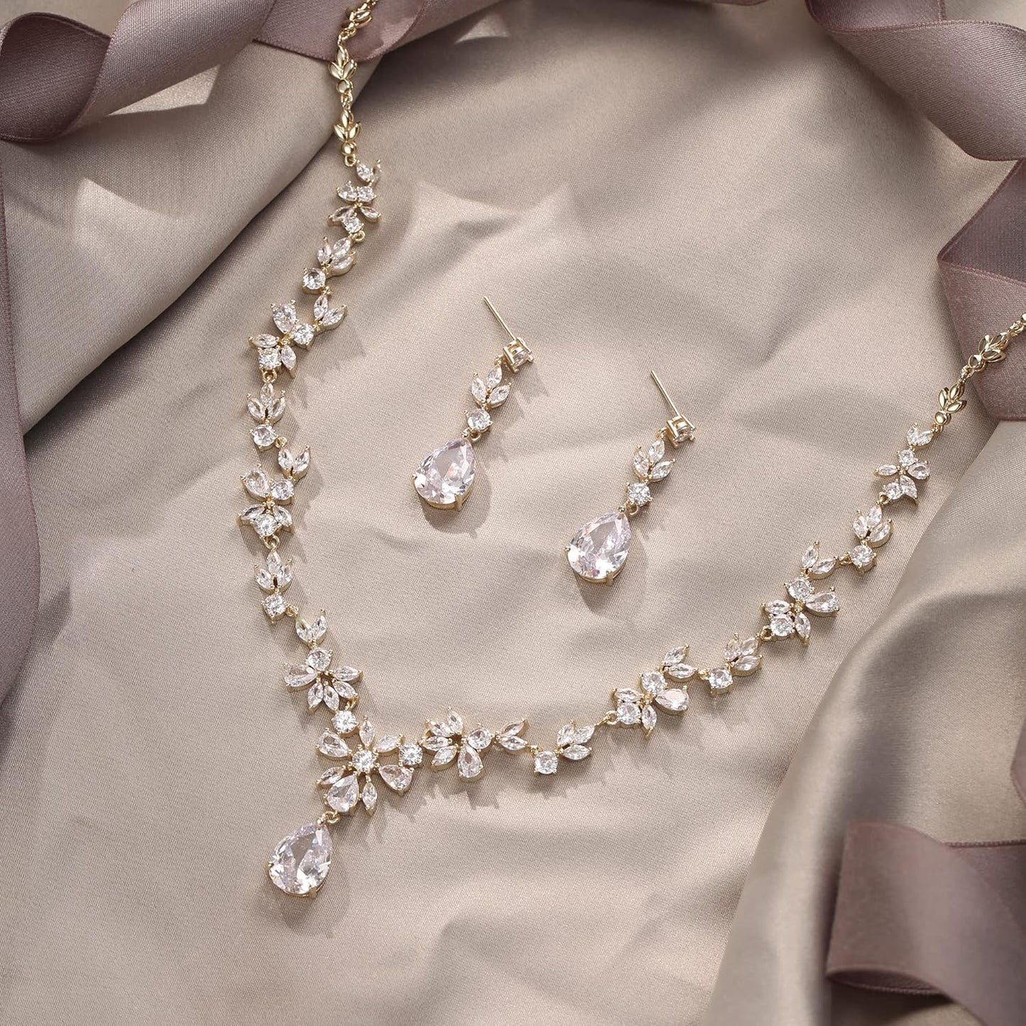 EVER FAITH Bridal Jewelry Set for Bride Bridesmaid, Flower Leaf Teardrop Cubic Zirconia Necklace Dangle Earrings Bracelet Sets Wedding Party for Women