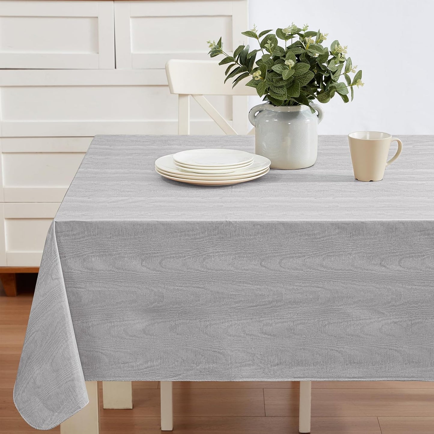 Newbridge Vinyl Flannel Backed Tablecloth, 52 x 70 Inch Rectangle, Grey Moire Wavy Solid Design, Heavyweight Indoor Outdoor Waterproof Table Cover, Easy Care Wipe Clean