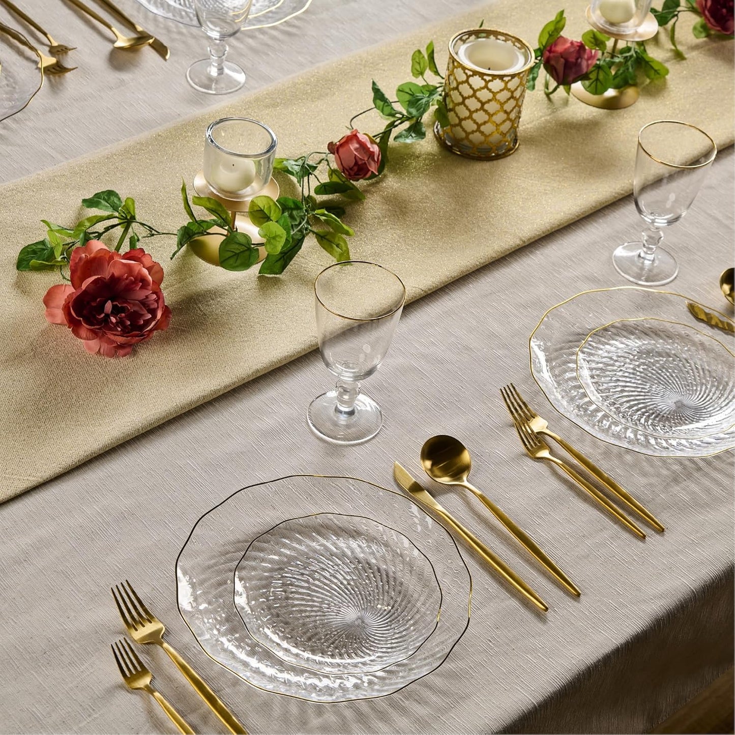 PLASTICPRO 60 Pack Plastic Plates Set of 30-10 inch Plates and 30-7 inch Plate, Elegant Clear Spiral and Gold Rim Disposable Fancy Premium Heavyweight