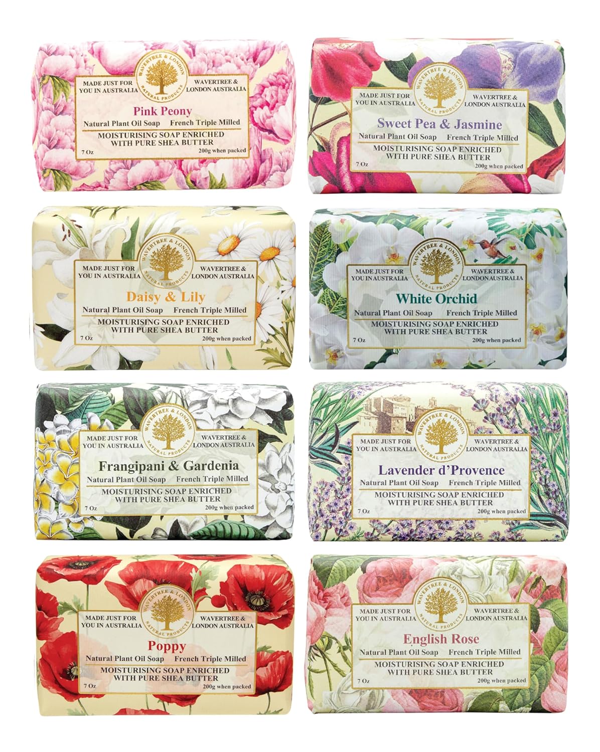 Wavertree & London Assorted Floral Elegance Scents Natural Soap Bars (Pack of 8), 7oz Moisturizing Triple Milled Soap Bars Enriched with Shea Butter and Pure Plant Oils | All Body & Bath Soap