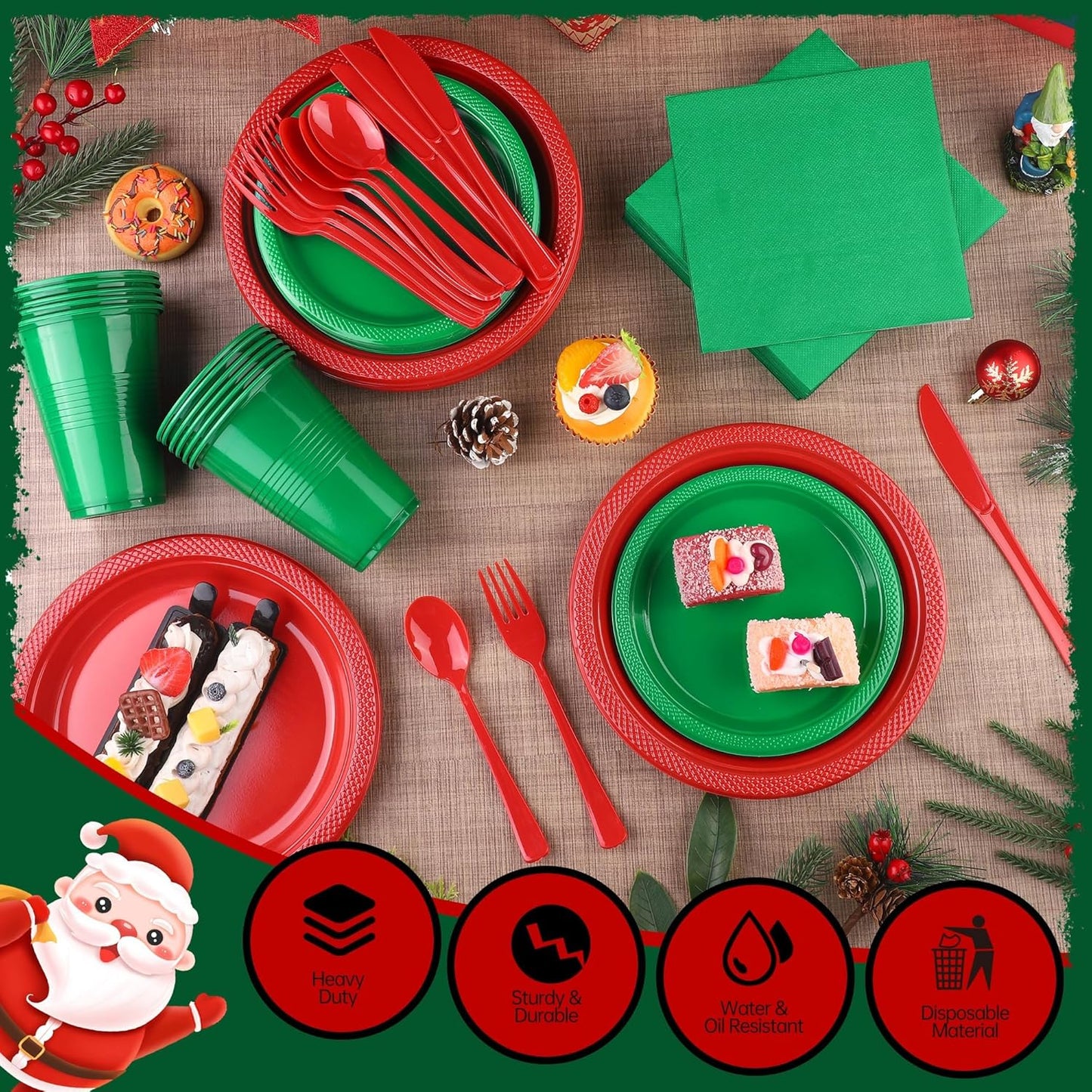 240 Pieces Christmas Plastic Dinnerware Set Disposable Party Plates Napkins Cups and Silverware Dessert Dinner Plates for Birthday Wedding Party Supplies, Serves 30 Guests, Red and Green