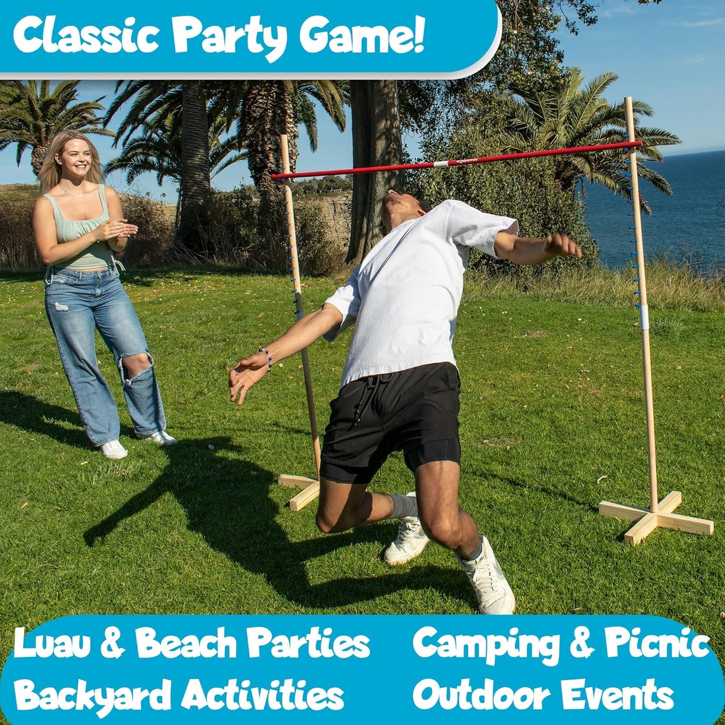 WonkaWoo Wooden Limbo Game for Adults and Kids, Simple Setup Limbo Pole for Outdoor Luau Party Game, Wooden Limbo Stick Yard Game