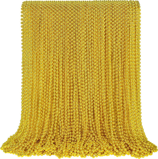 100 PCS Gold Bead Necklace, Gold Mardi Gras Christmas Beads Necklaces 33" Metallic Beaded Costume Necklaces Party Necklaces for Mardi Gras Parade Throws Wedding Birthday Pirate Party Favors
