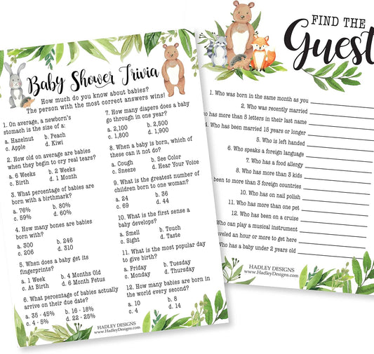 Hadley Designs Hilarious Baby Shower Games Set 25 Double-Sided Cards for 25 Guests, 2 Games, Baby Trivia, Find the Guest, Gender Neutral and Fun for Boys & Girls (Woodland)