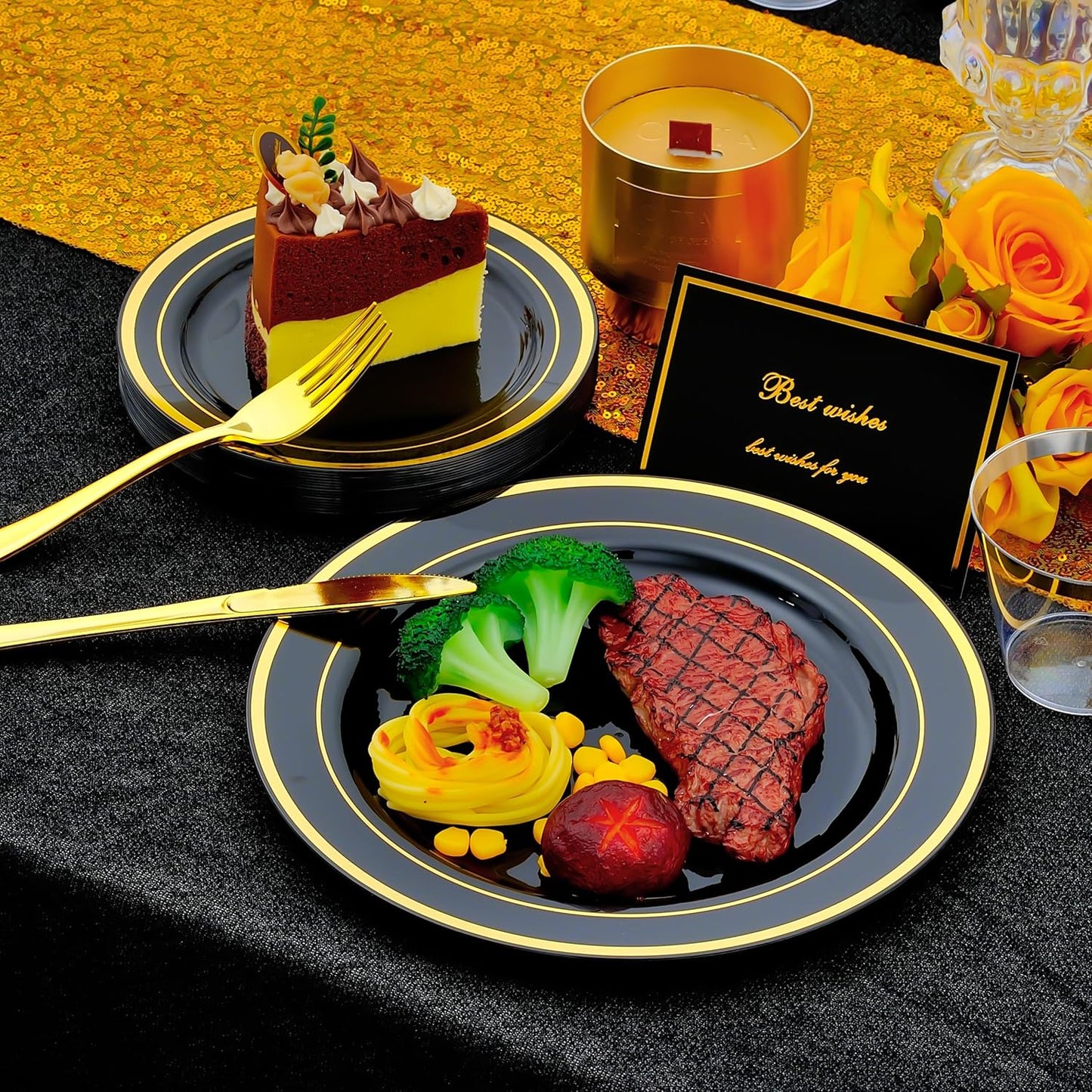 350 PCS Black and Gold Dinnerware Set for 50 Guests, Black Disposable Plates with Gold Rim for Party Wedding-50 Dinner Plates, Dessert Plates, Silverware Set,Napkins and Cups