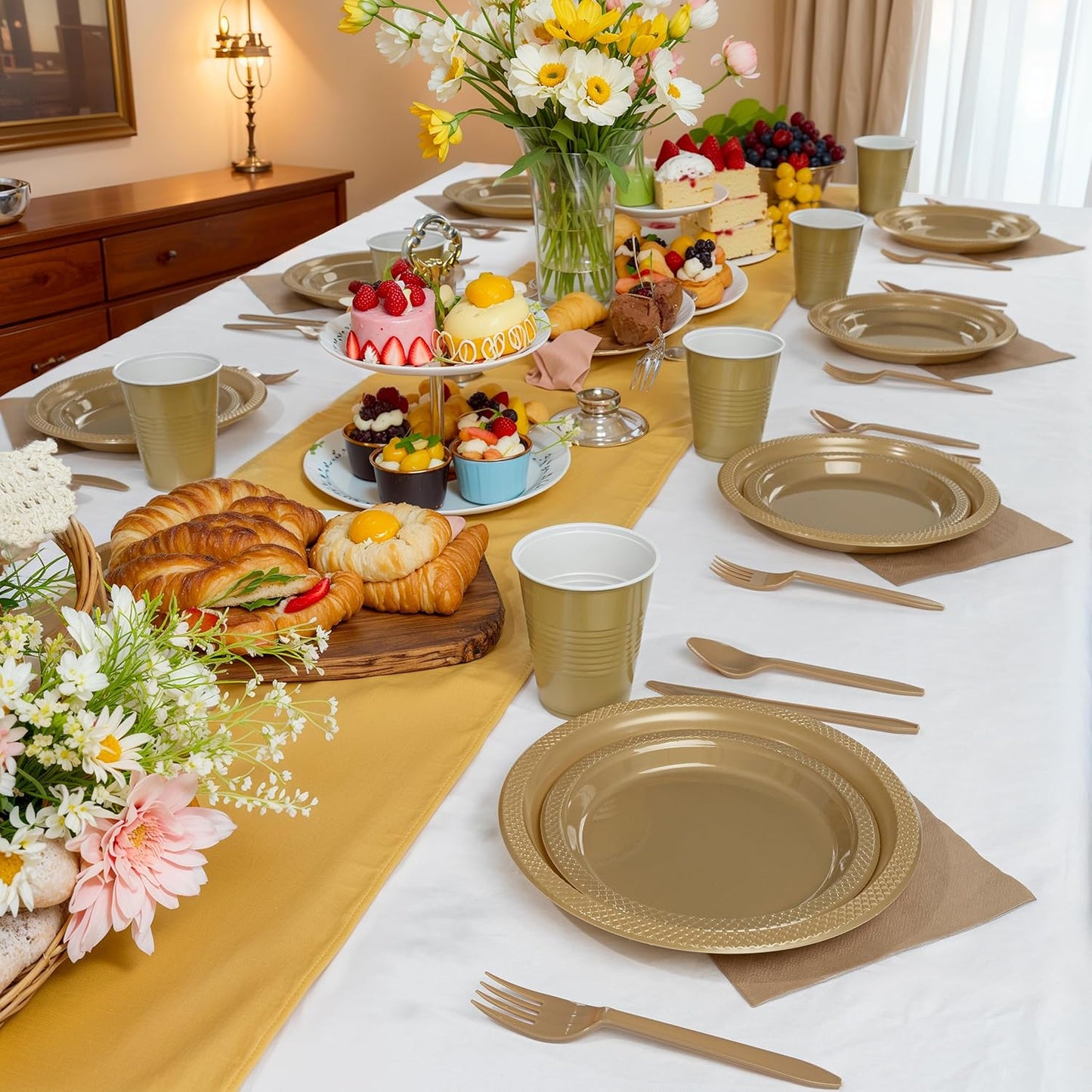 MirthMood 350PCS Gold Plastic Plates,Gold Disposable Plates –Plastic Plates Set Includes 50 Dinner,50 Dessert Plate,50 Cup&50 Napkins, 50 gold Silverware for Wedding& Parties& Birthday