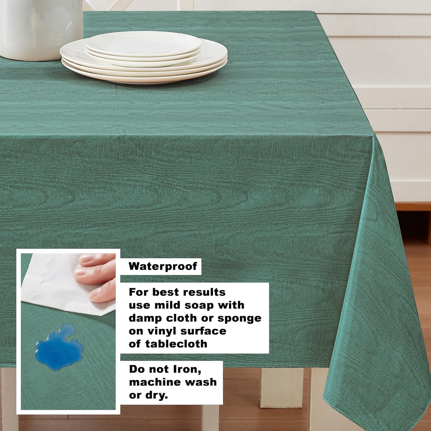 Newbridge Vinyl Flannel Backed Tablecloth, 60 x 102 Inch Rectangle, Hunter Green Moire Wavy Solid Design, Heavyweight Indoor Outdoor Waterproof Table Cover, Easy Care Wipe Clean