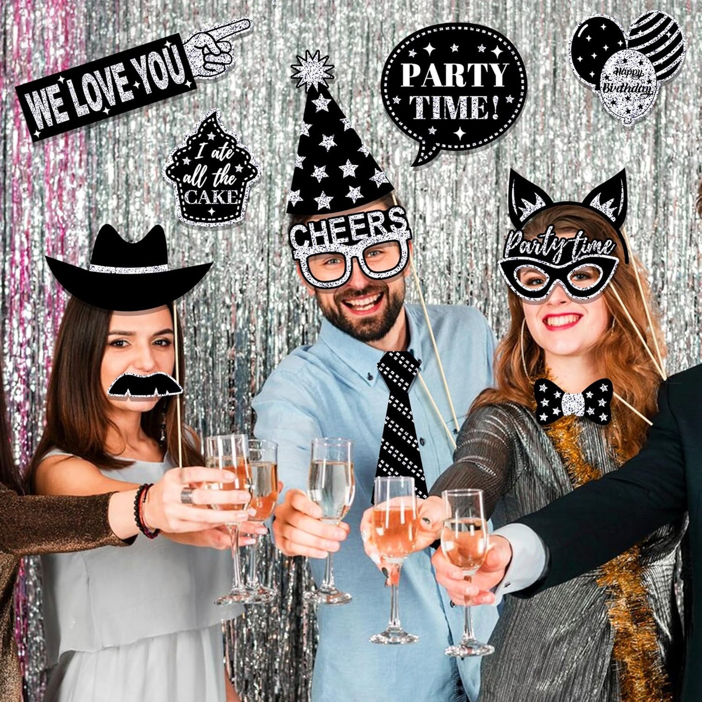 30 Pcs Silver Birthday Photo Booth Props Black Birthday Props 2026 Birthdays Decorations Backdrop Decorations Birthdays Props for Photography