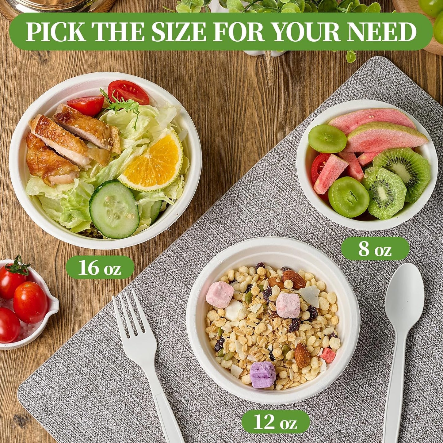 ECOLipak 300 Pack Compostable Paper Bowls, 8 oz Heavy-Duty Disposable Biodegradable Soup Bowls Made of Natural Bagasse, Suitable for Salad, Dessert, Milk, Cereals