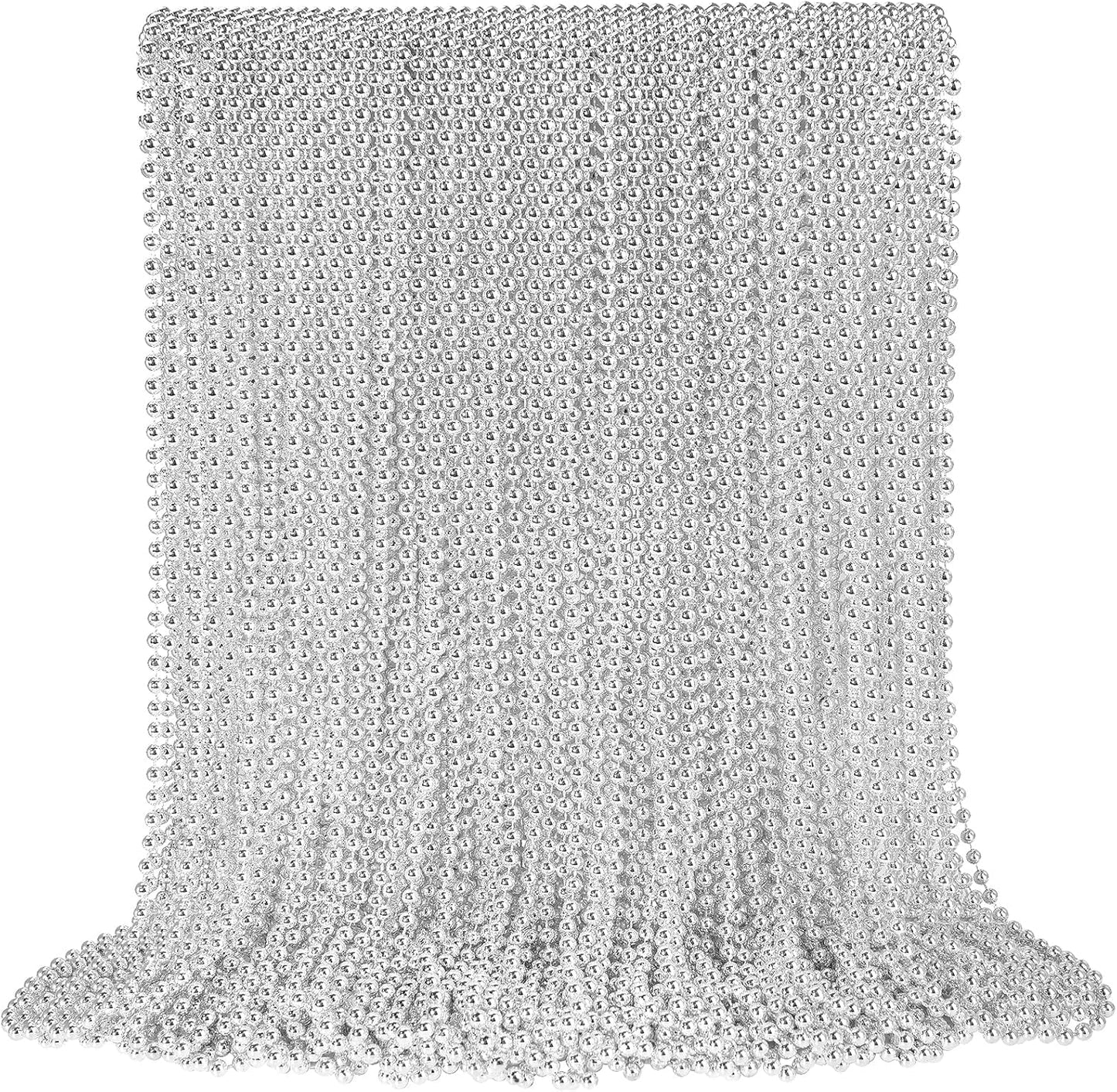 SHAOQINLIN 100 PCS Silver Mardi Gras Beads, 33" Silver Christmas Beads Necklaces, Metallic Patriotic Beads Necklaces, Parade Throws Accessories for Christmas Independence Day New Year Party Favors