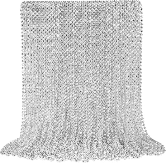 SHAOQINLIN 100 PCS Silver Mardi Gras Beads, 33" Silver Christmas Beads Necklaces, Metallic Patriotic Beads Necklaces, Parade Throws Accessories for Christmas Independence Day New Year Party Favors