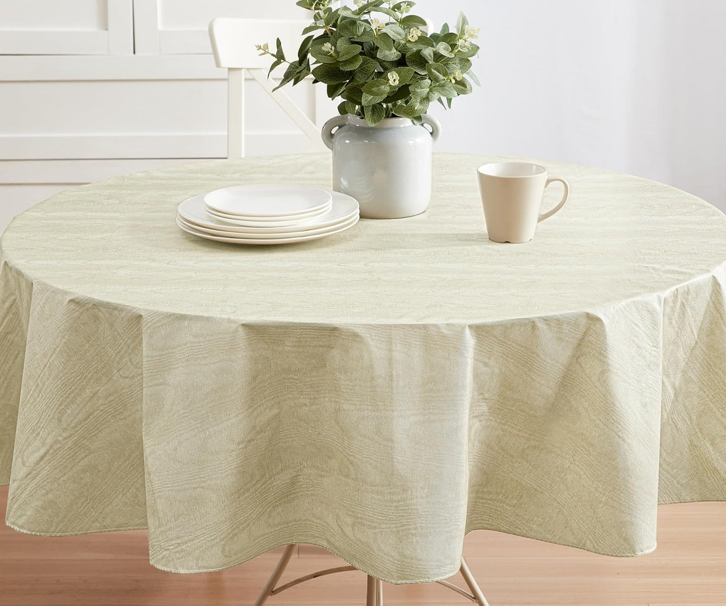 Newbridge Vinyl Flannel Backed Tablecloth, 60 x 84 Inch Oval, Beige Moire Wavy Solid Design, Heavyweight Indoor Outdoor Waterproof Table Cover, Easy Care Wipe Clean