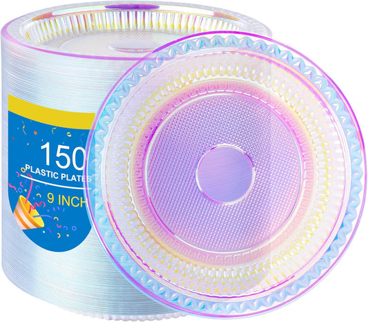 WELLIFE Iridescent Plastic Plates 9 Inch, 150 Count Disposable Plastic Dessert Plates for Disco Party Decorations Wedding Baby Shower Birthday Easter Valentine's Day Party