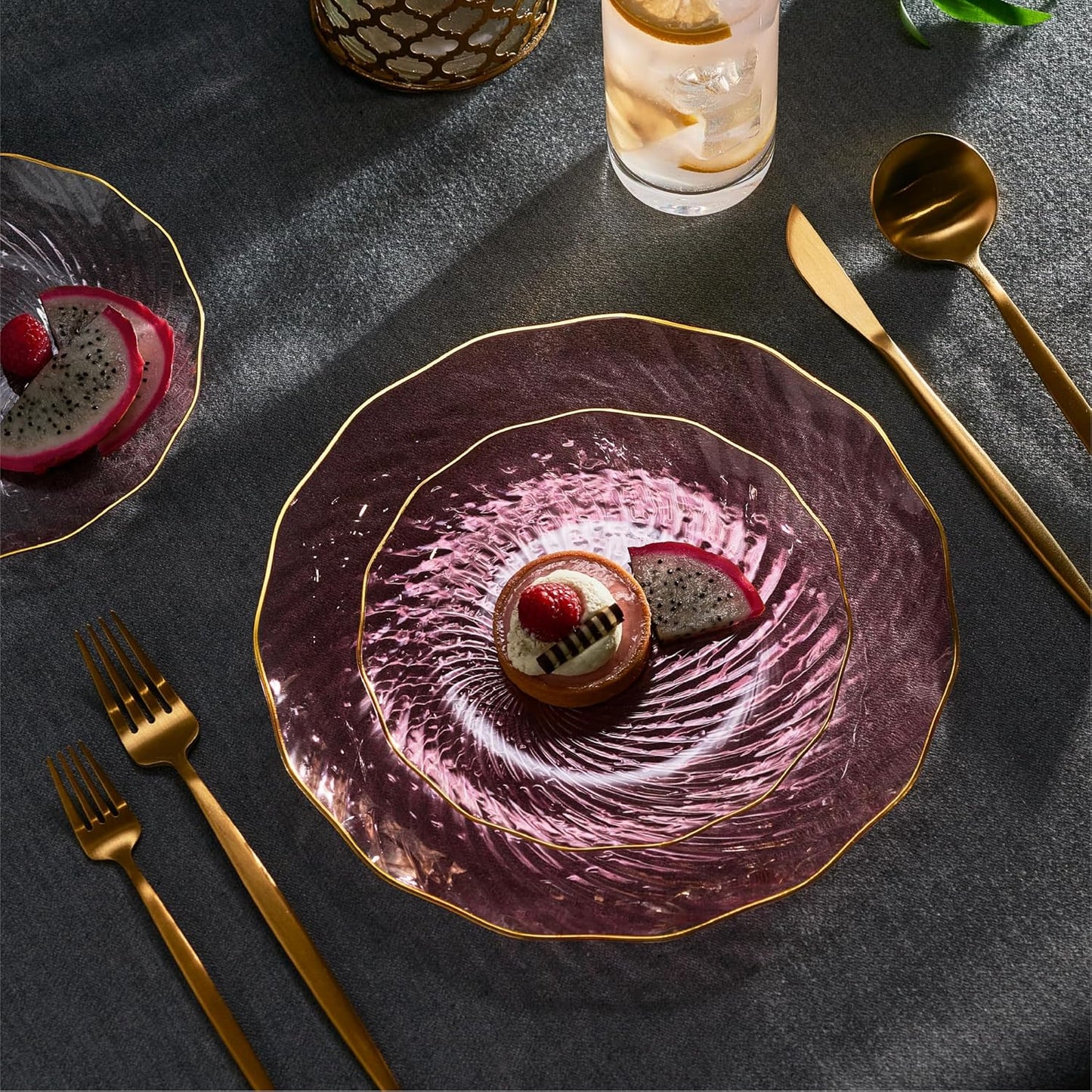 PLASTICPRO 120 Pack Plastic Plates Set of 60-10 inch Plates and 60-7 inch Plates, Elegant Clear Pink Spiral and Gold Rim Disposable Fancy Plates Premium Heavyweight