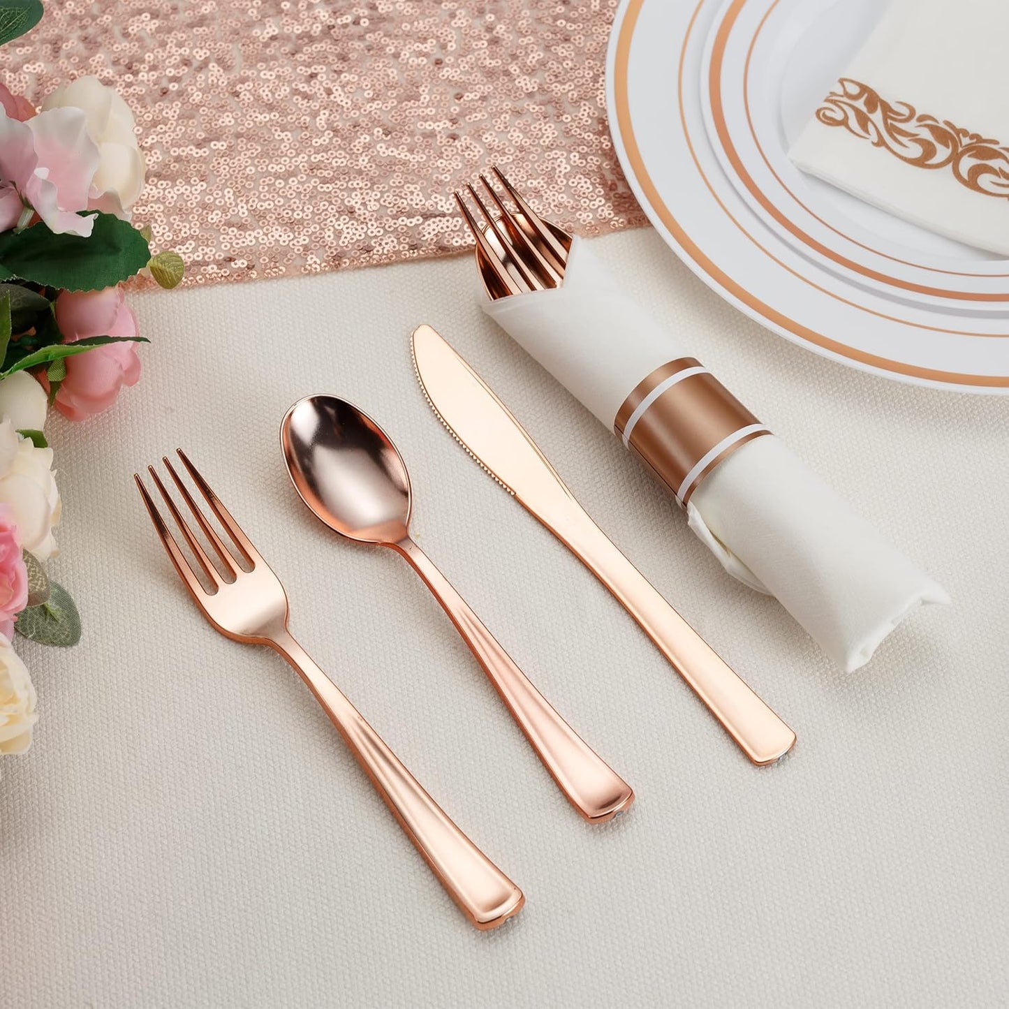 50 Pack Pre Rolled Rose Gold Plastic Silverware Set with Napkins,Disposable Wrapped Heavy Duty Cutlery Set for Wedding Birthday Party-50 Forks,Knives,Spoons,Utensils Set,Plasticware Bulk